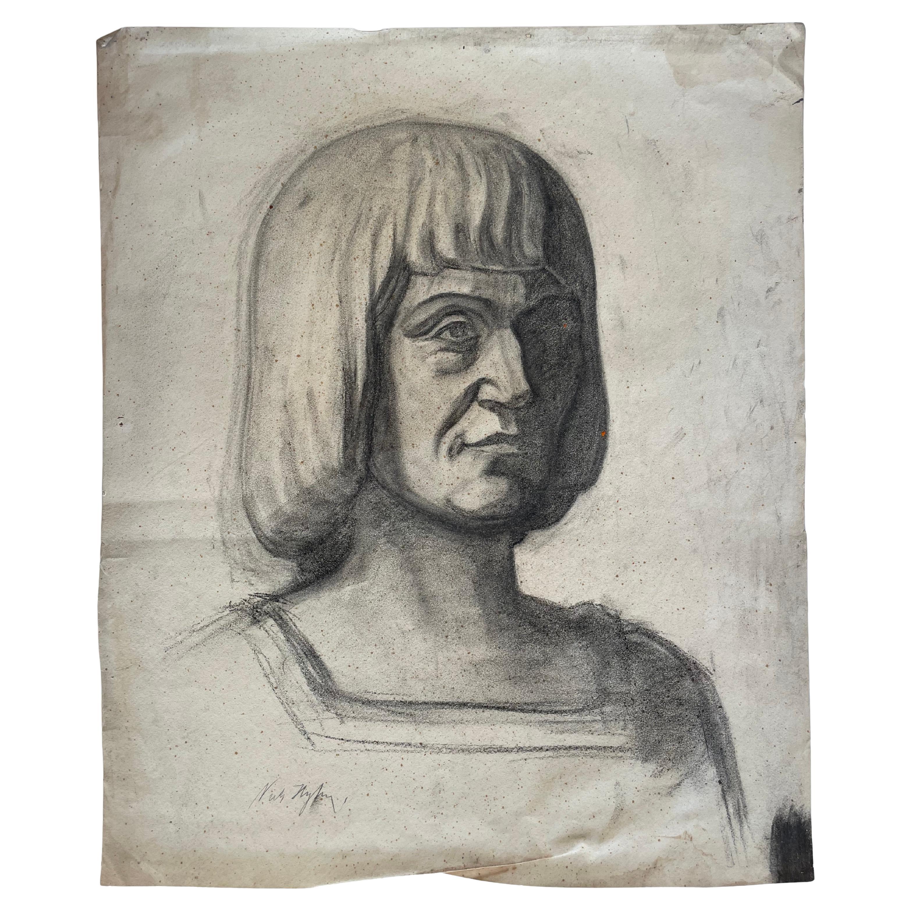 Antique Danish art academy charcoal drawing, bust length portrait, signed For Sale