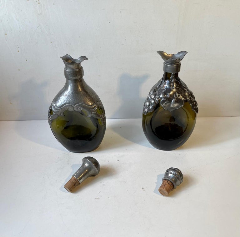 Antique Danish Art Nouveau Decanters in Green Glass and Pewter, 1910s For Sale 4
