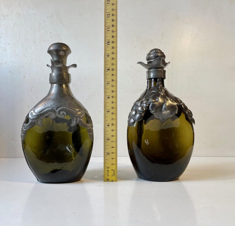Antique Danish Art Nouveau Decanters in Green Glass and Pewter, 1910s For Sale 5