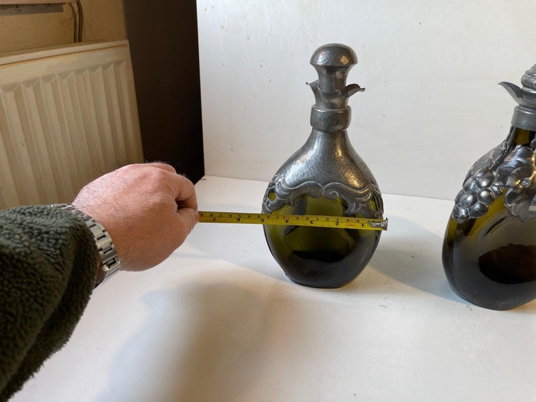 Antique Danish Art Nouveau Decanters in Green Glass and Pewter, 1910s For Sale 6