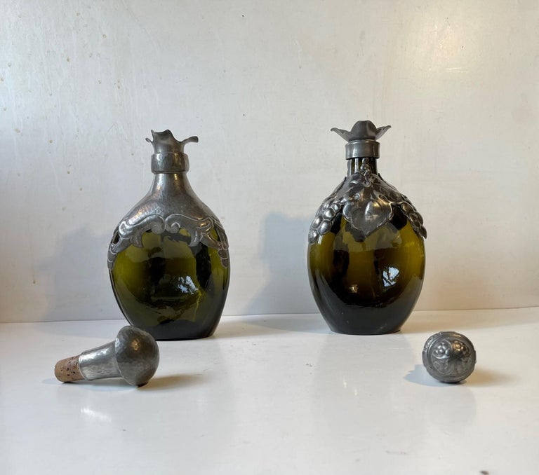 Hand-Crafted Antique Danish Art Nouveau Decanters in Green Glass and Pewter, 1910s For Sale
