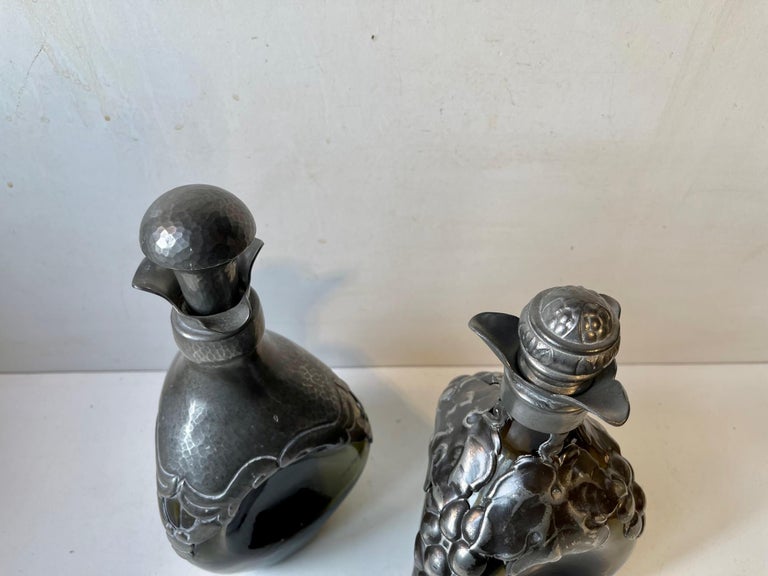 Antique Danish Art Nouveau Decanters in Green Glass and Pewter, 1910s For Sale 3