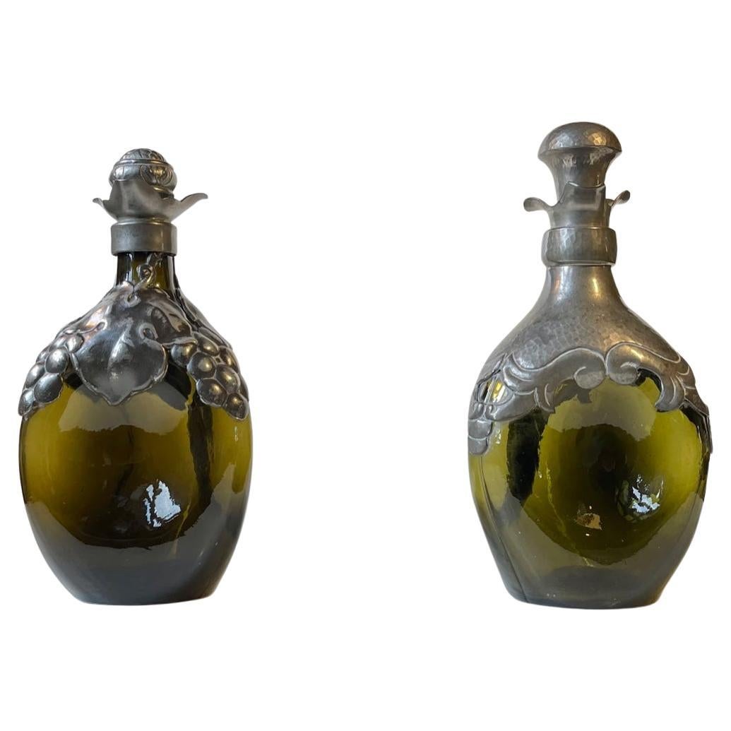 Antique Danish Art Nouveau Decanters in Green Glass and Pewter, 1910s For Sale