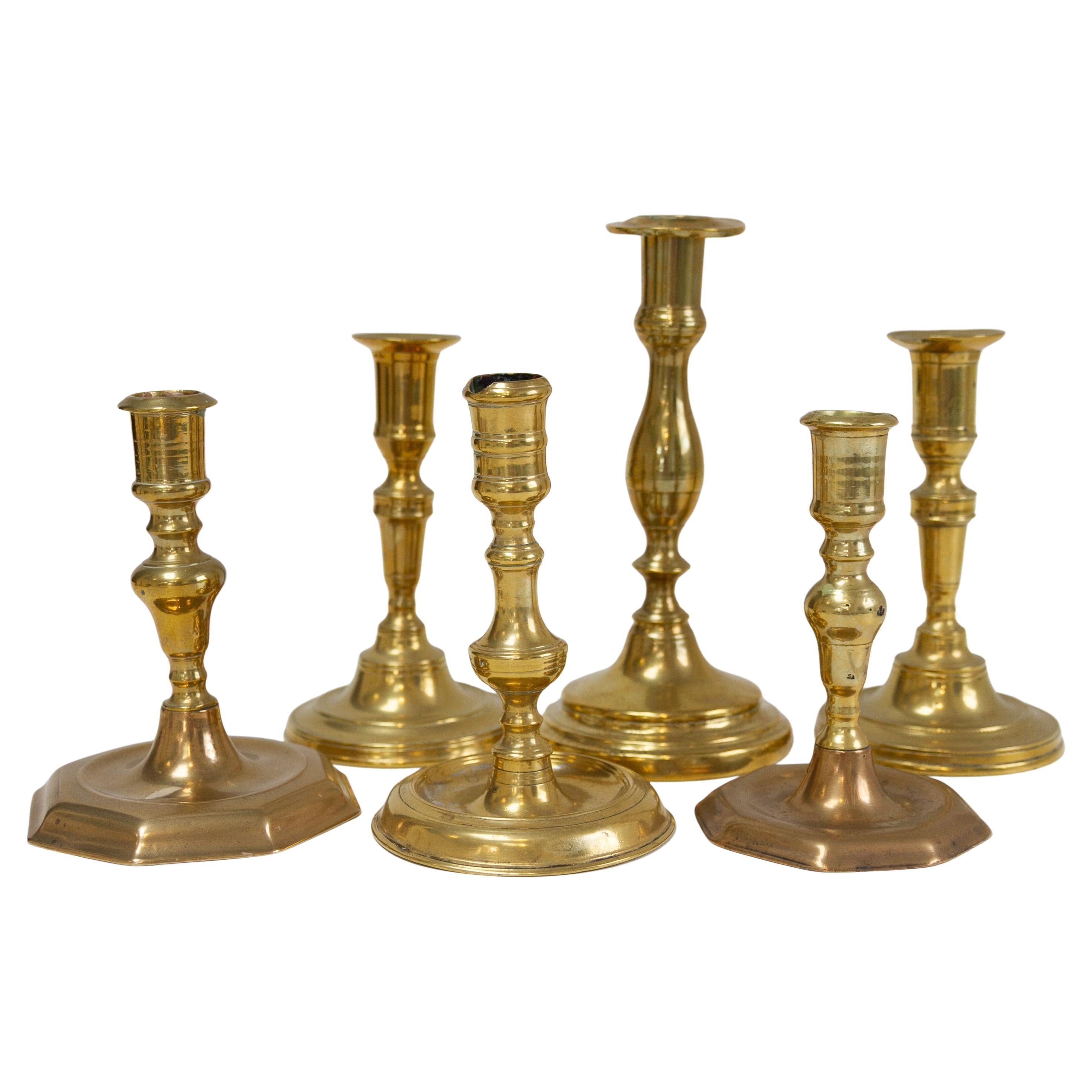Antique Danish Baroque Brass Candlesticks. Set of 6.