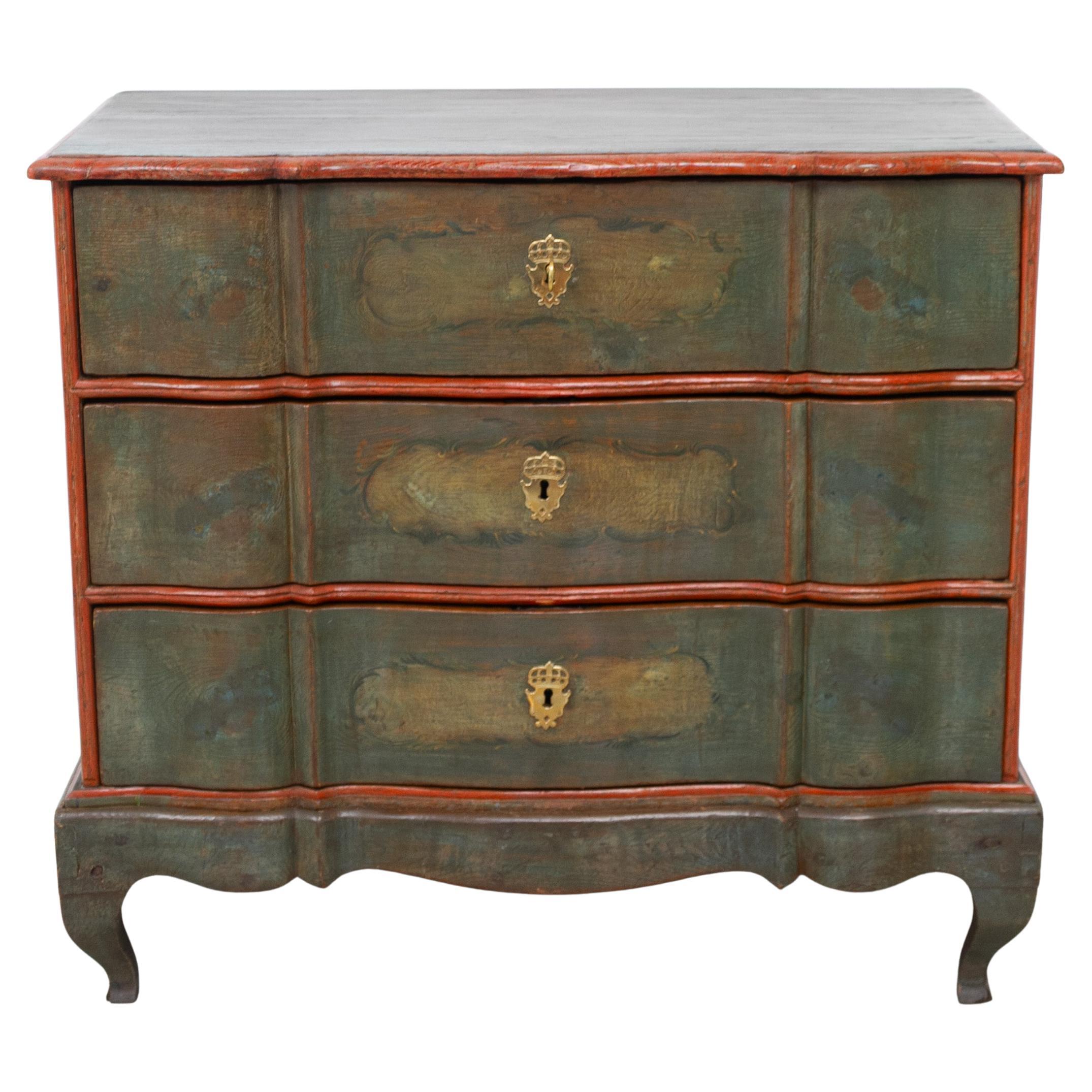 Antique Danish Baroque Green Chest of Drawers, circa 1730.