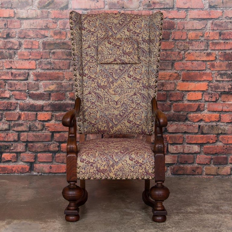 Antique Danish Baroque Oak Wingback Chair