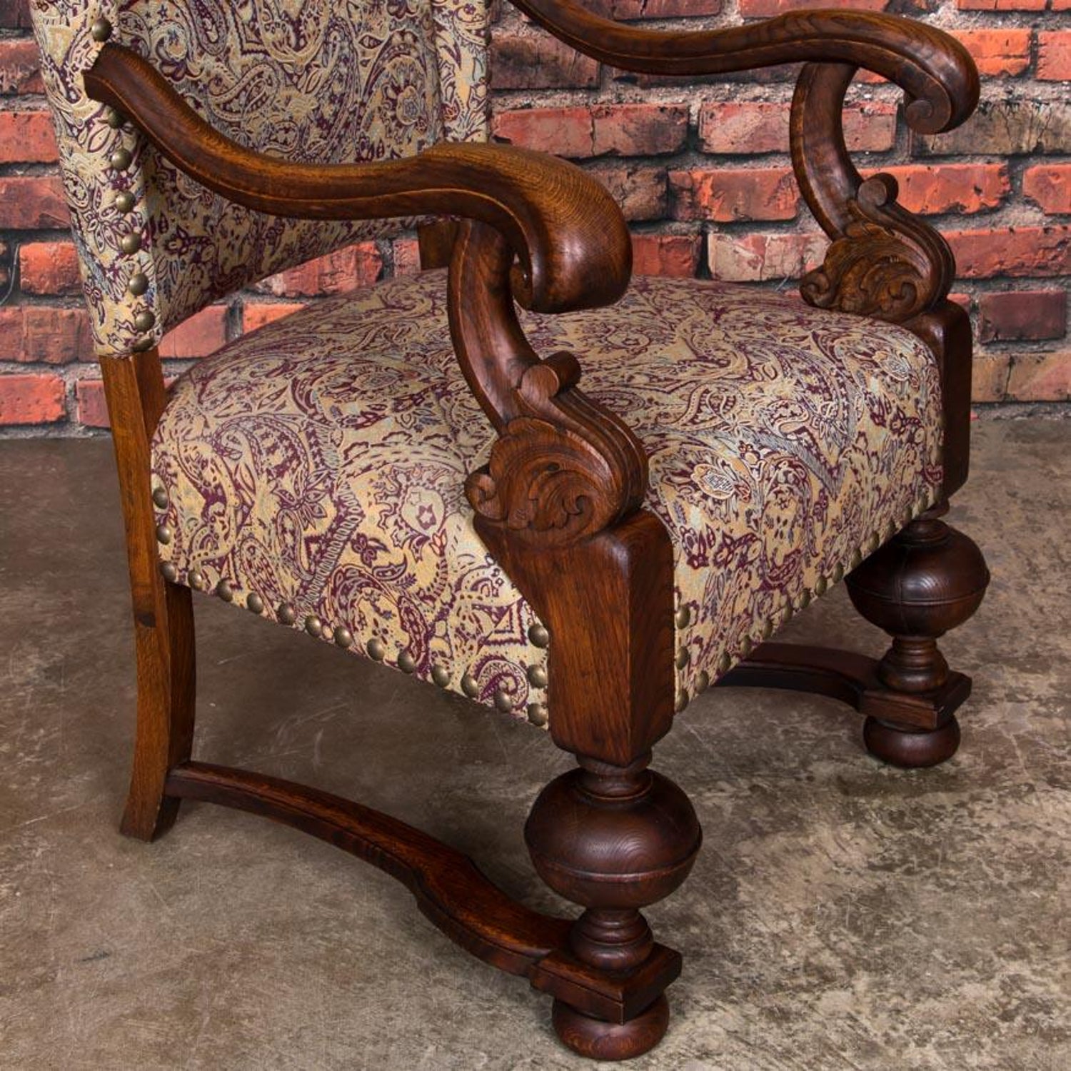 Antique Danish Baroque Oak Wingback Chair