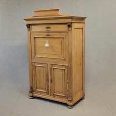 Antique Danish Biedermeier Pine Secretary Desk With Blue Leather