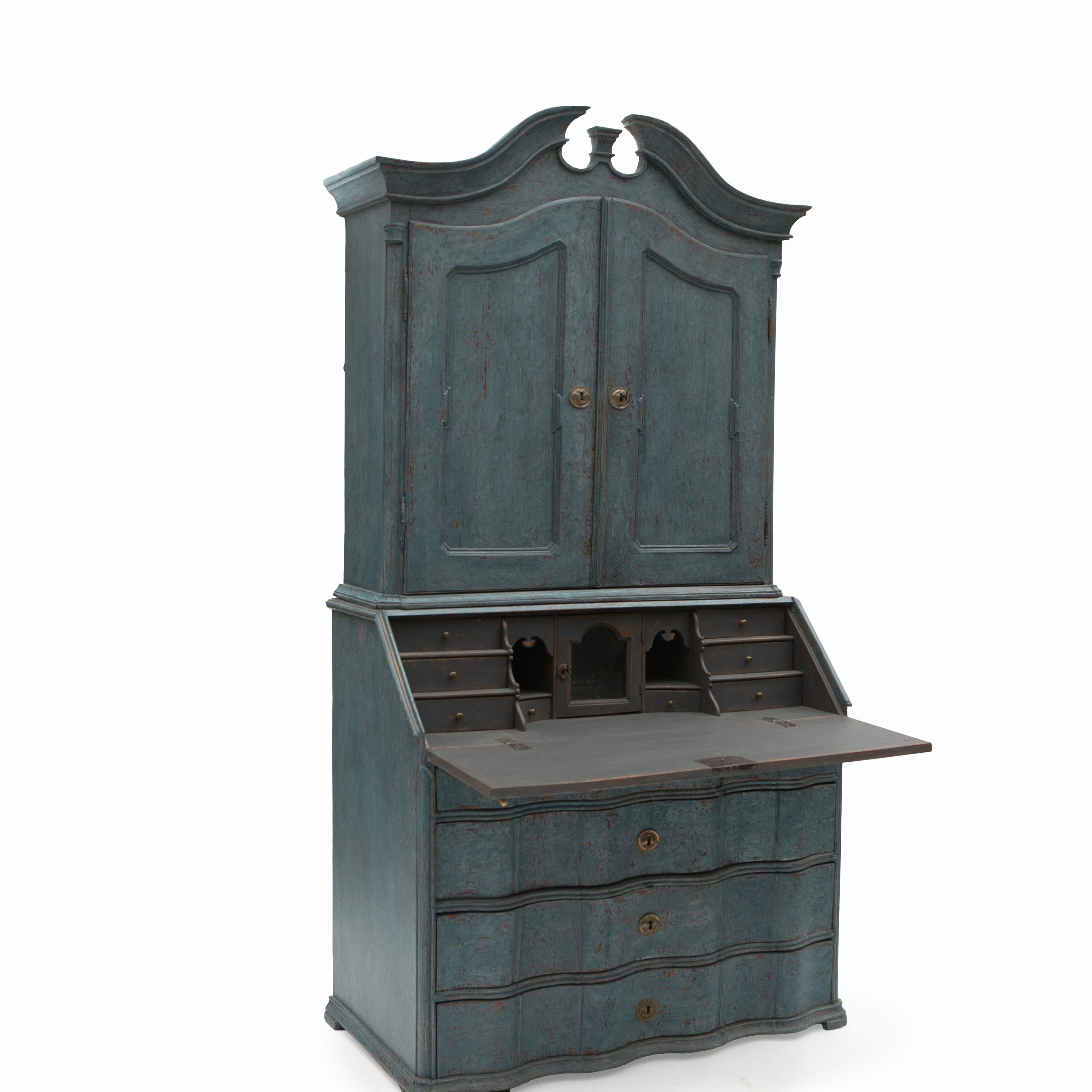 Hand-Painted Antique Danish Blue Painted Baroque Cabinet with Secretaire For Sale
