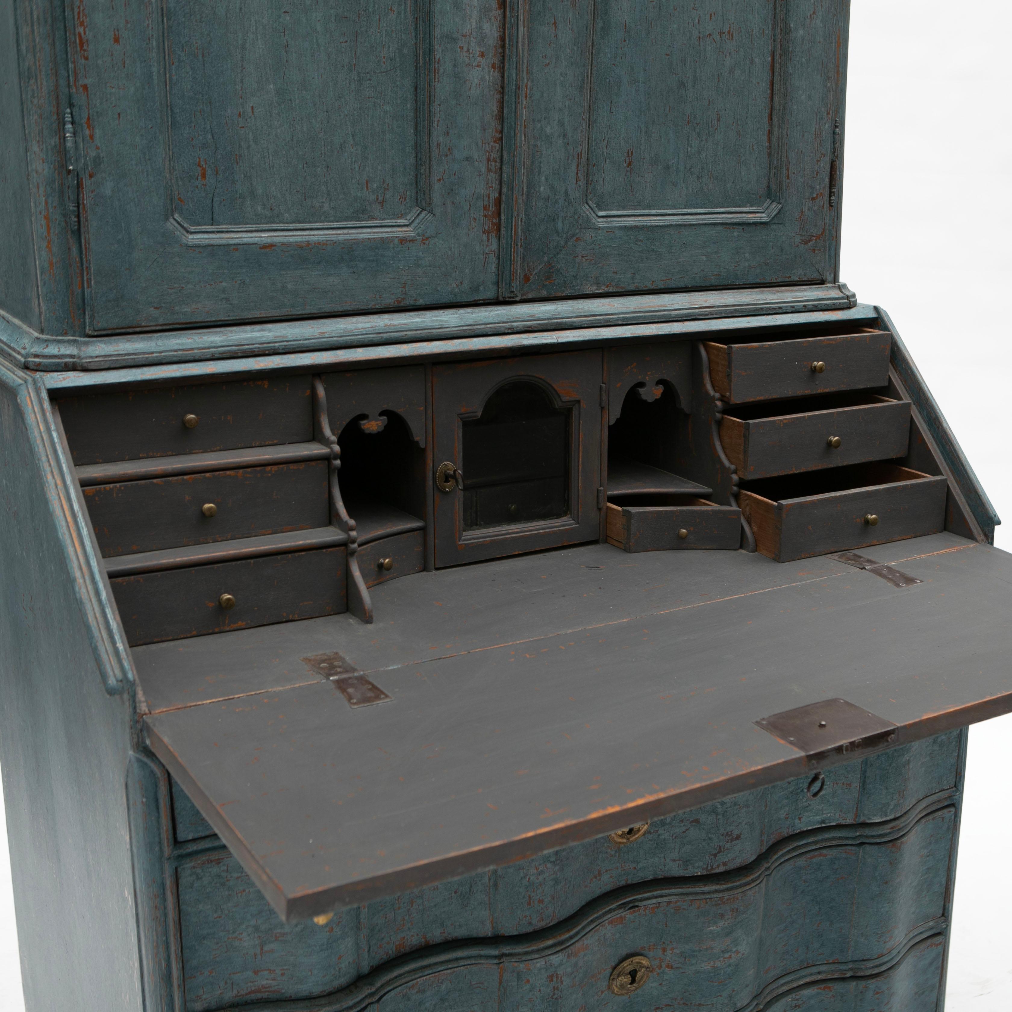 Antique Danish Blue Painted Baroque Cabinet with Secretaire For Sale 2