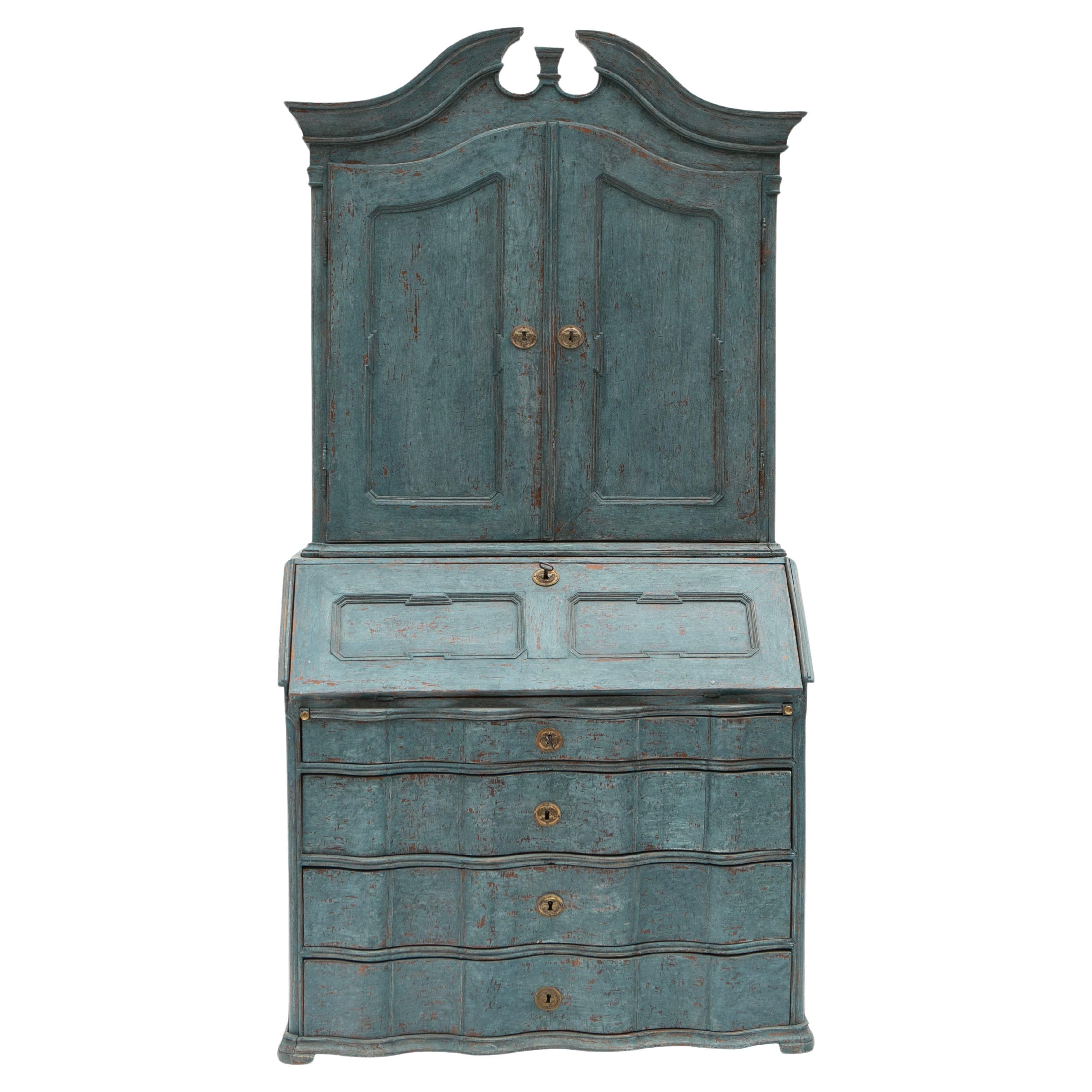 Antique Danish Blue Painted Baroque Cabinet with Secretaire For Sale