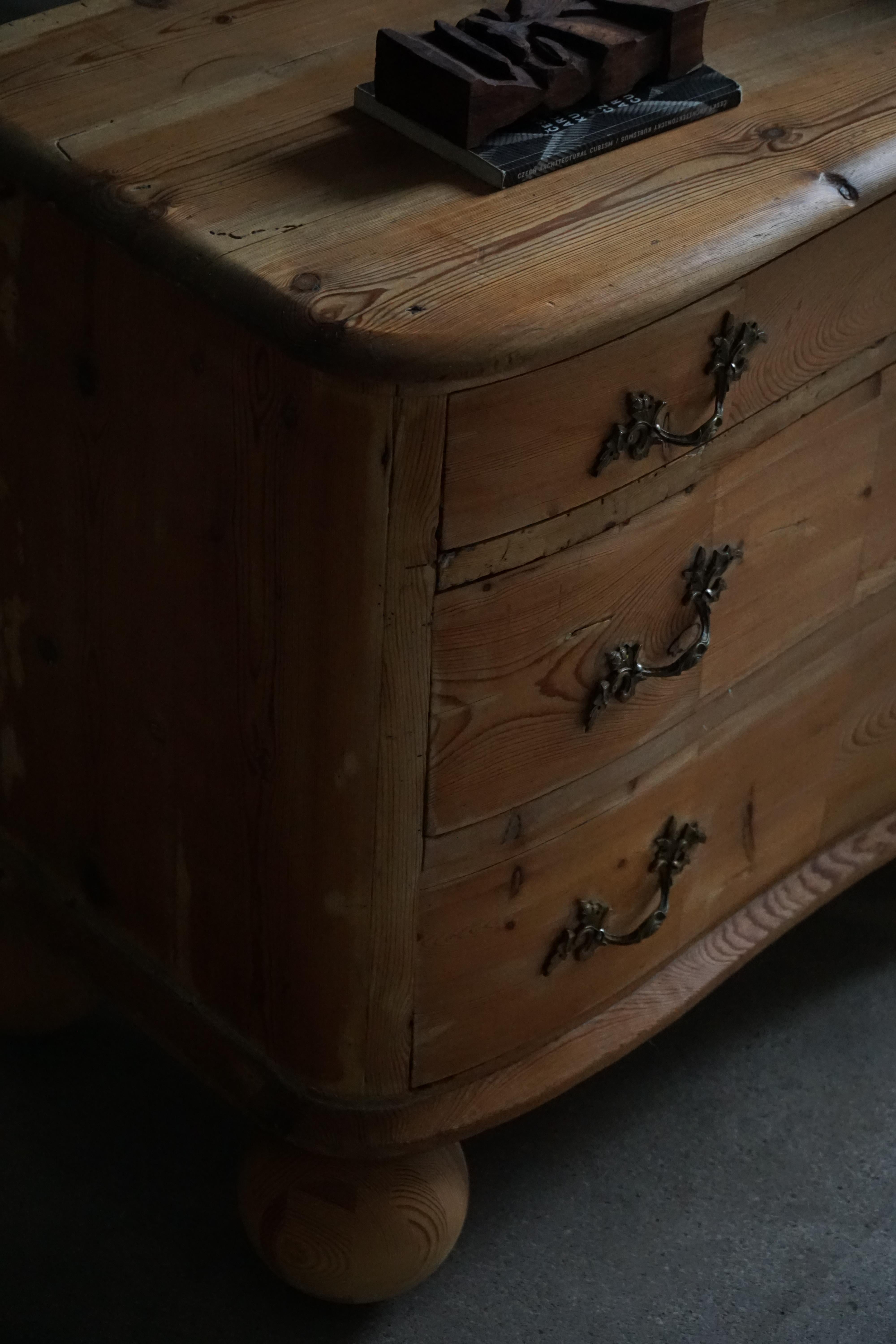 Brass Antique Danish Chest of Drawers in Pine with Ball Feets, Late 19th Century For Sale