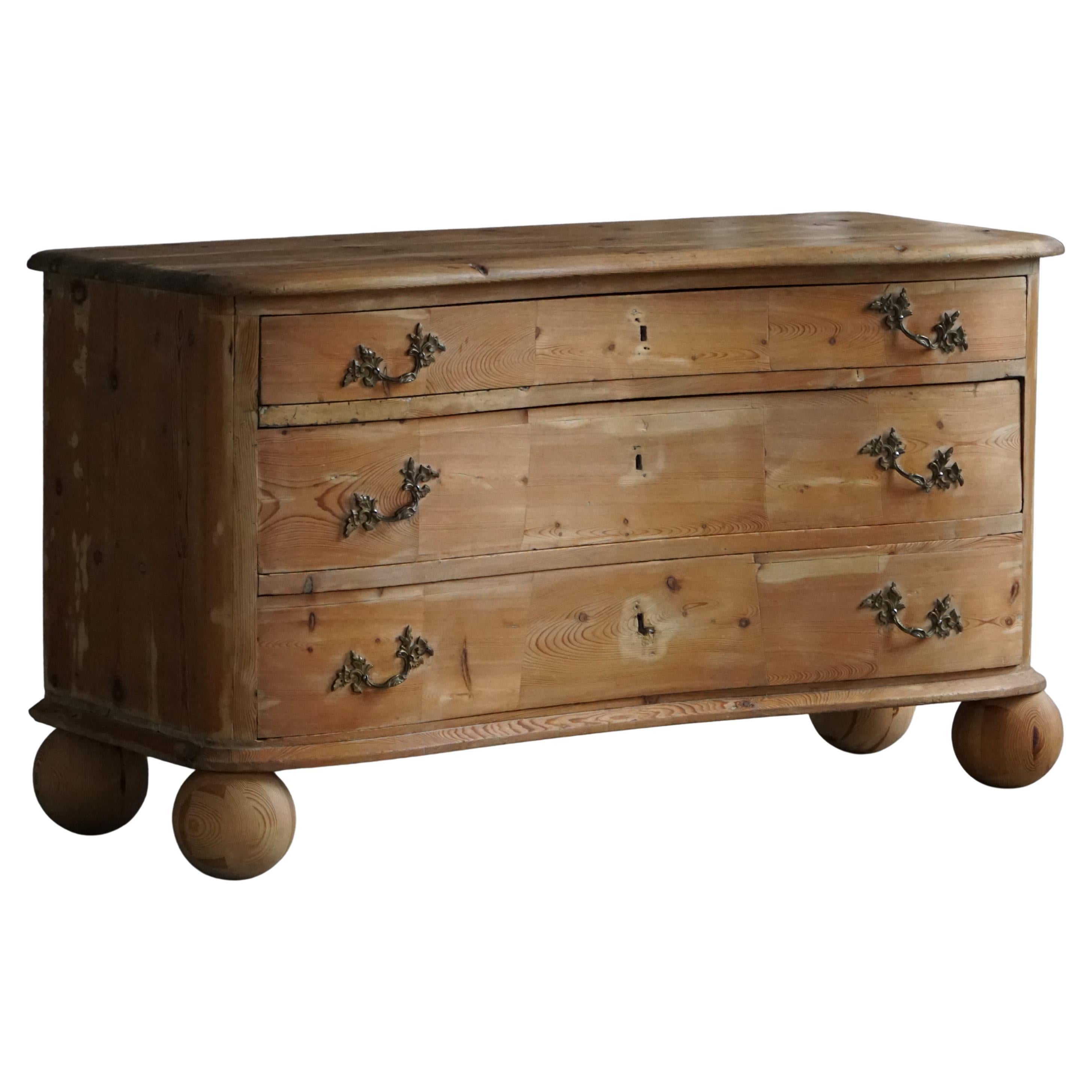 Antique Danish Chest of Drawers in Pine with Ball Feets, Late 19th Century For Sale