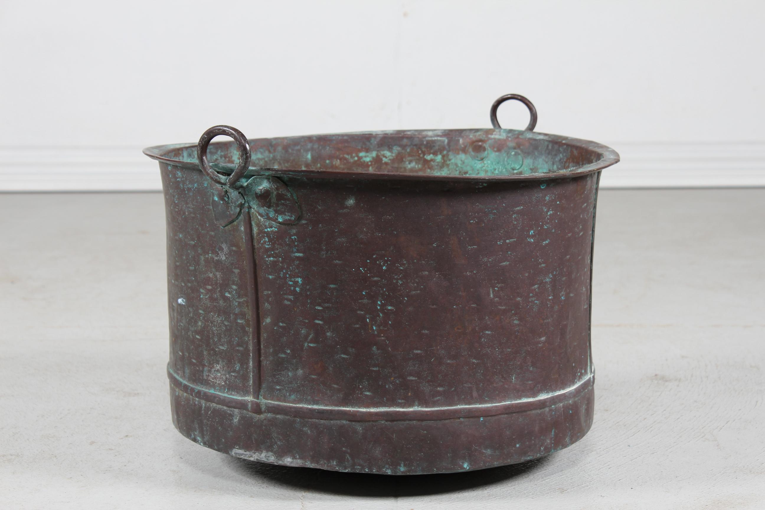 Rustic Antique Danish Copper Basket Bin Cauldron of Verdigrised Copper 19th Century