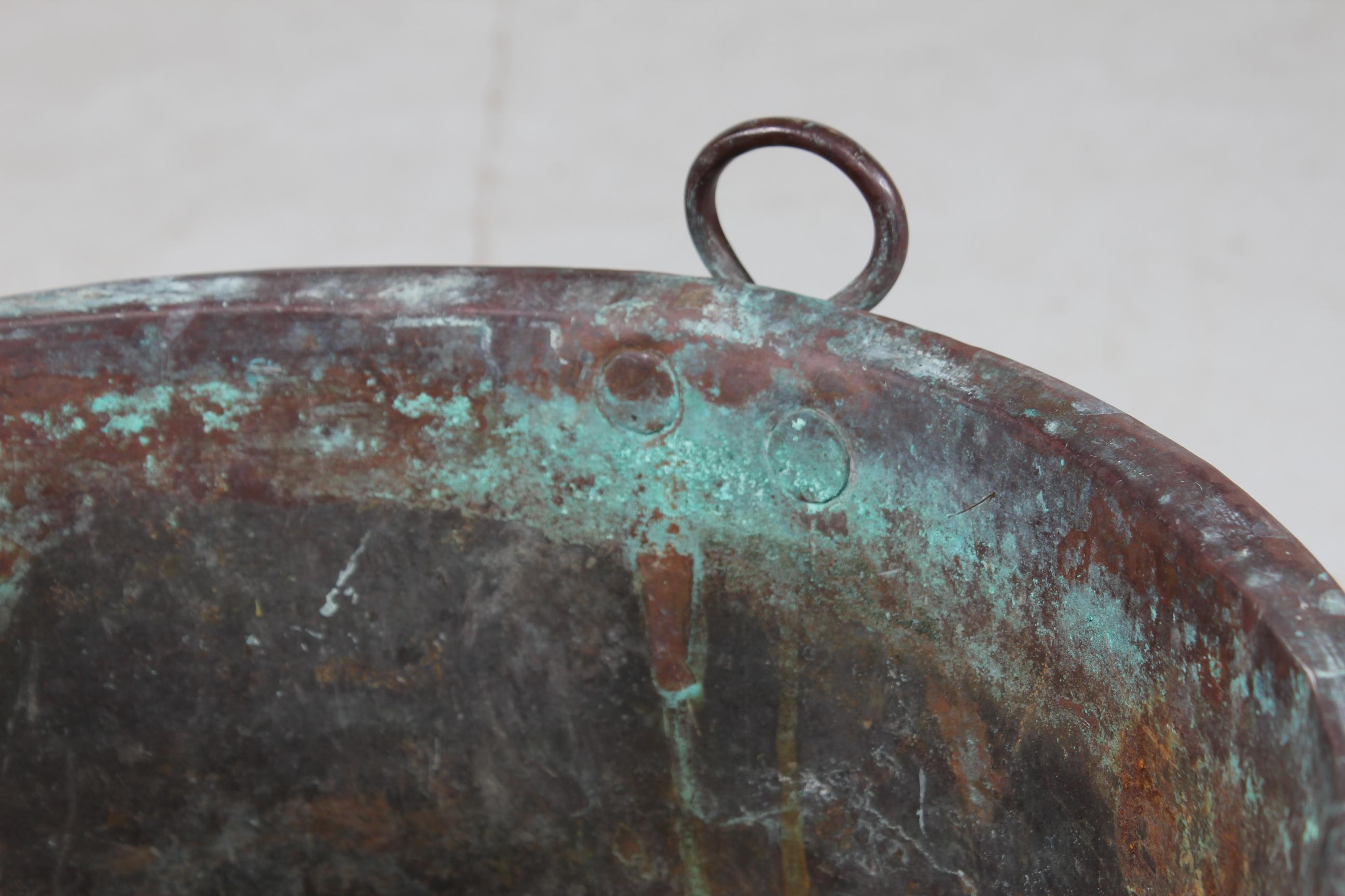 Hammered Antique Danish Copper Basket Bin Cauldron of Verdigrised Copper 19th Century