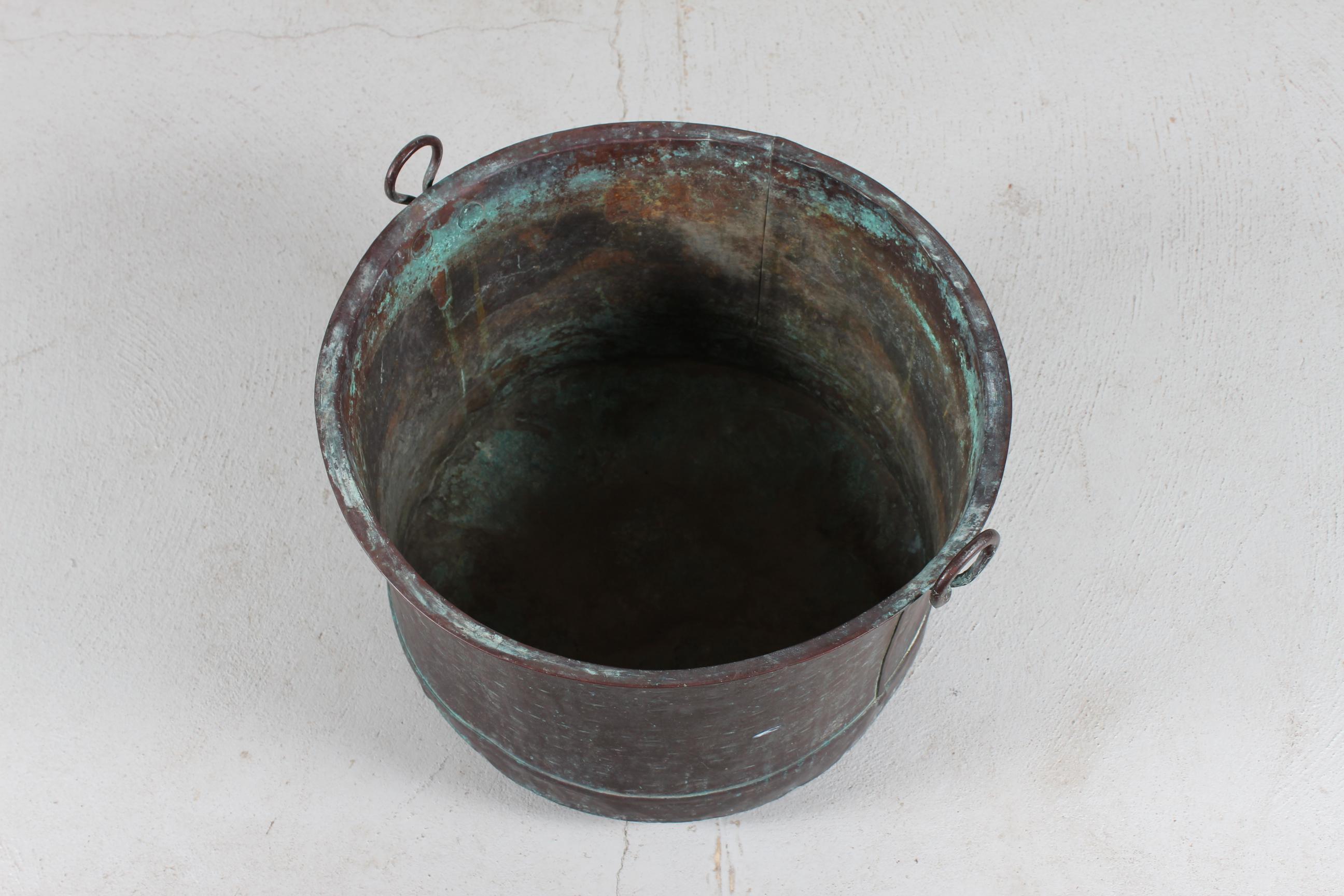 Antique Danish Copper Basket Bin Cauldron of Verdigrised Copper 19th Century 2
