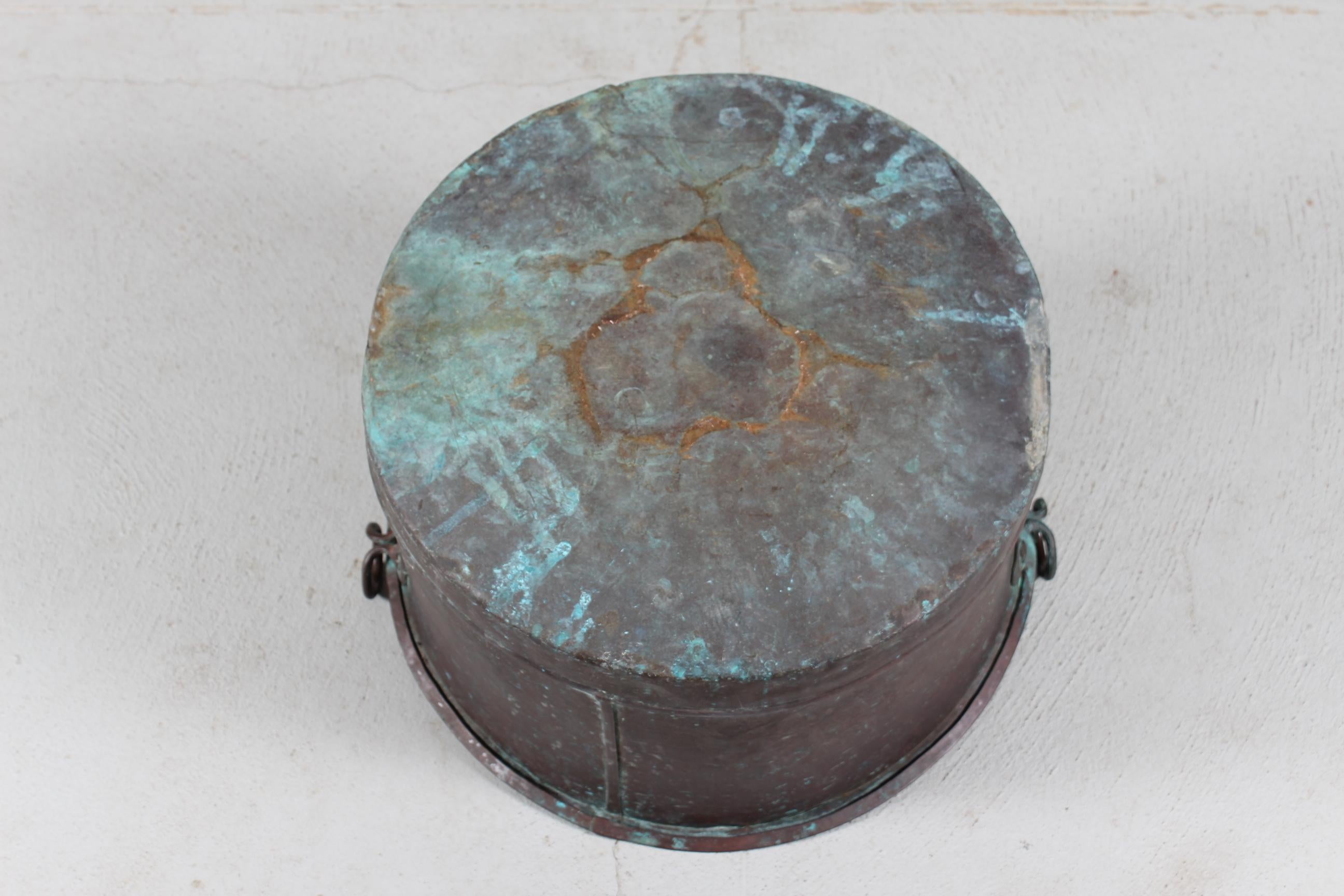 Antique Danish Copper Basket Bin Cauldron of Verdigrised Copper 19th Century 3