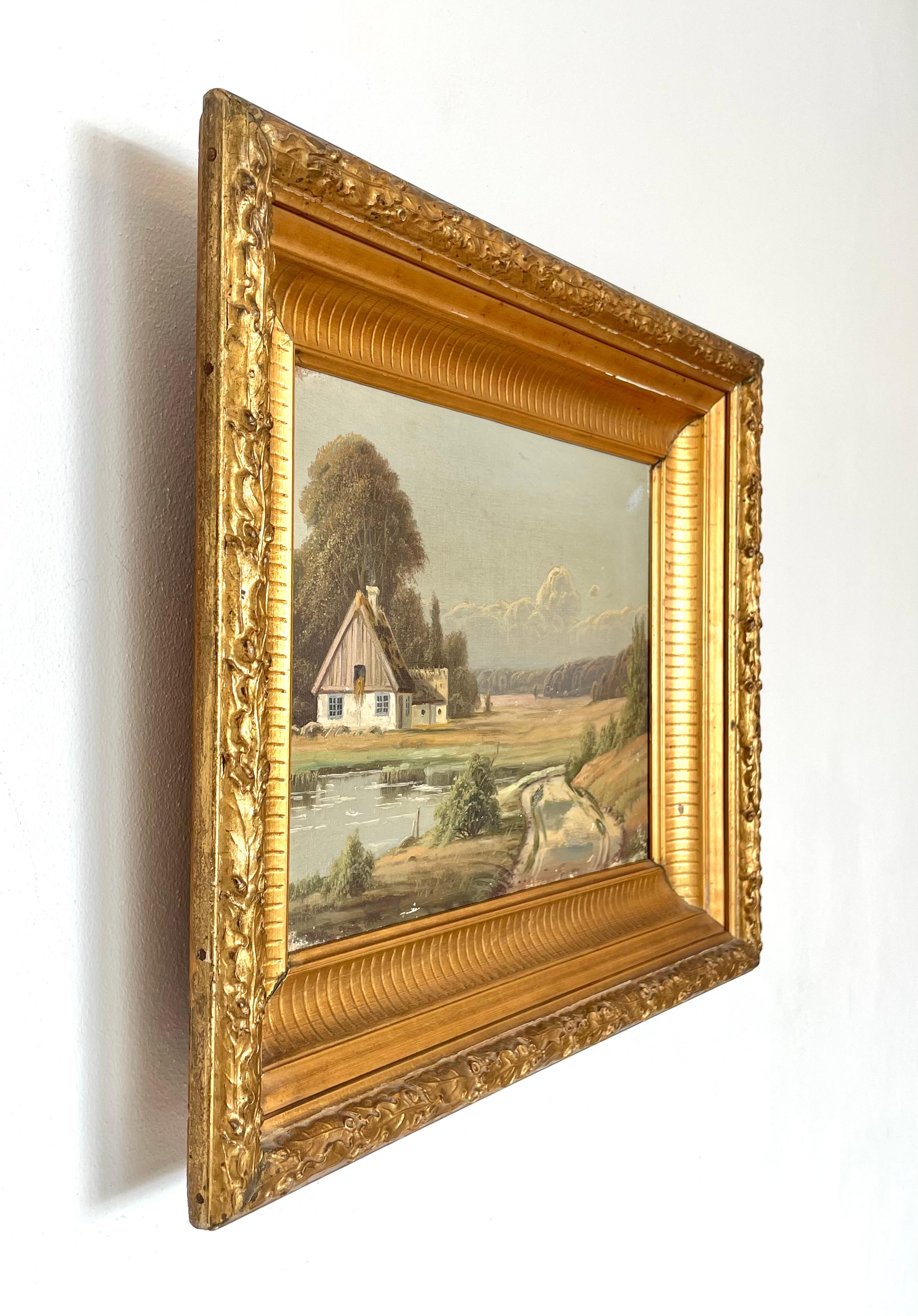 Antike dänische Anfang des 20. Jahrhunderts Landschaft Ölgemälde der Landschaft Bauernhof im Angebot 3
