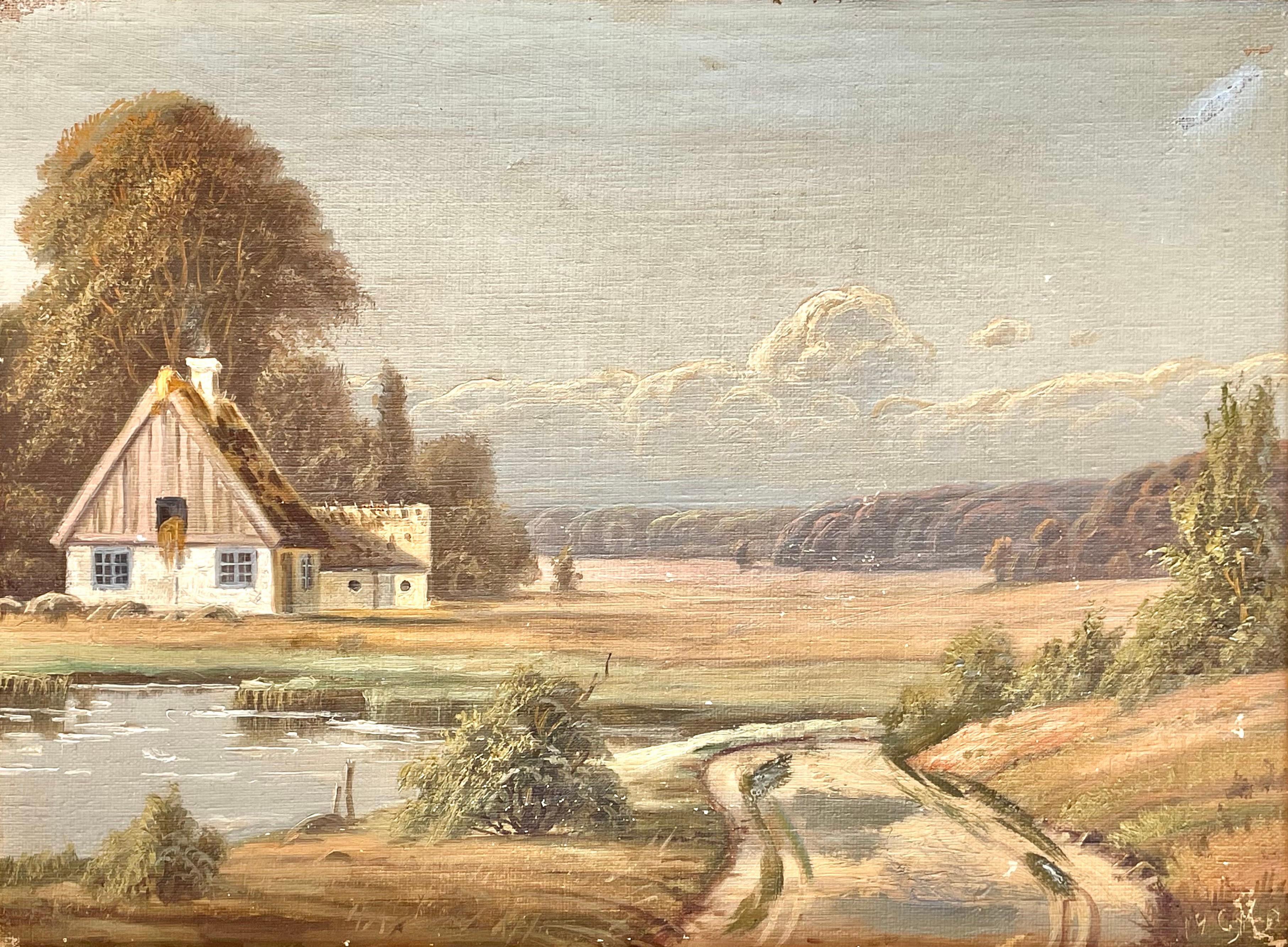 Antike dänische Anfang des 20. Jahrhunderts Landschaft Ölgemälde der Landschaft Bauernhof (Romantik) im Angebot