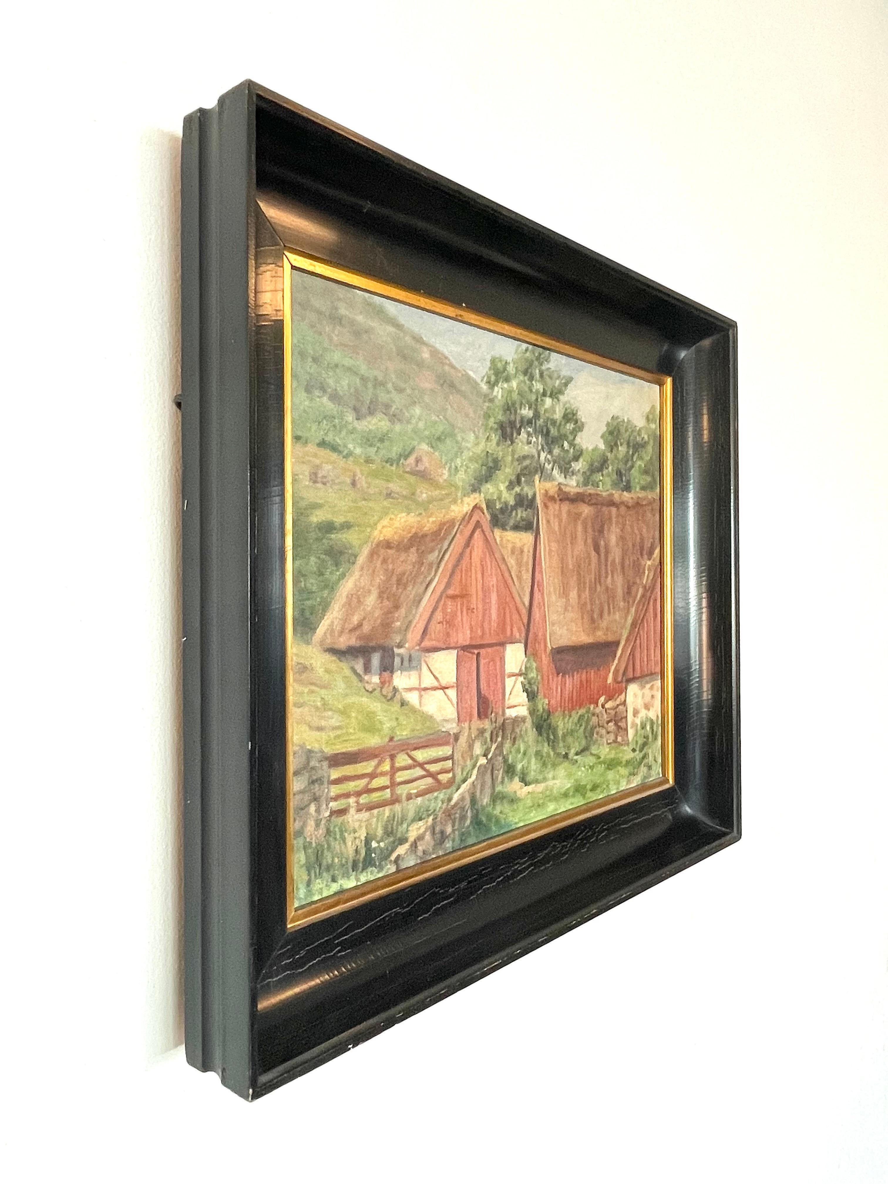 Antiguo óleo danés de principios del siglo XX sobre un paisaje de una pequeña granja en venta 4