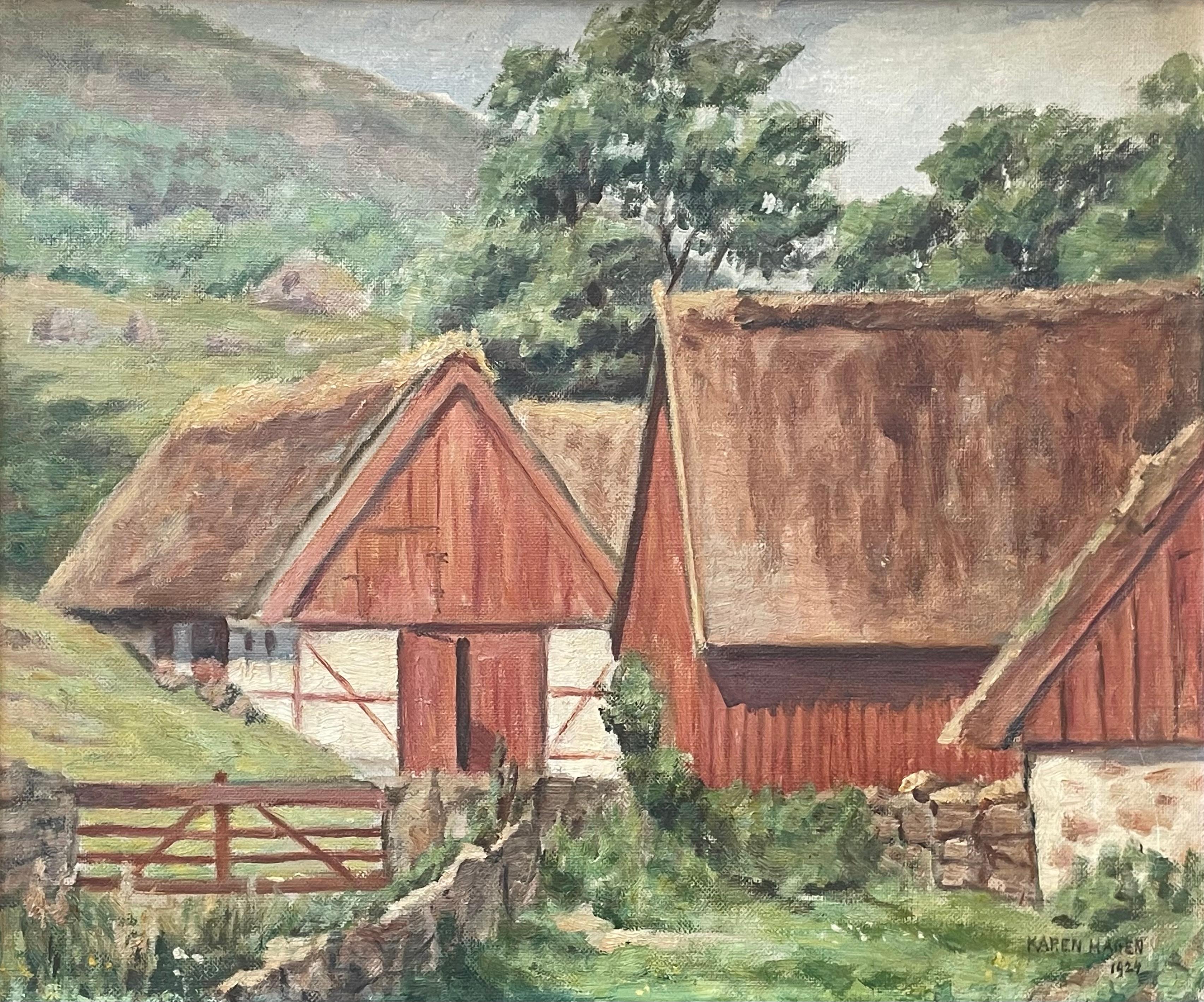 Antiguo óleo danés de principios del siglo XX sobre un paisaje de una pequeña granja Romántico en venta