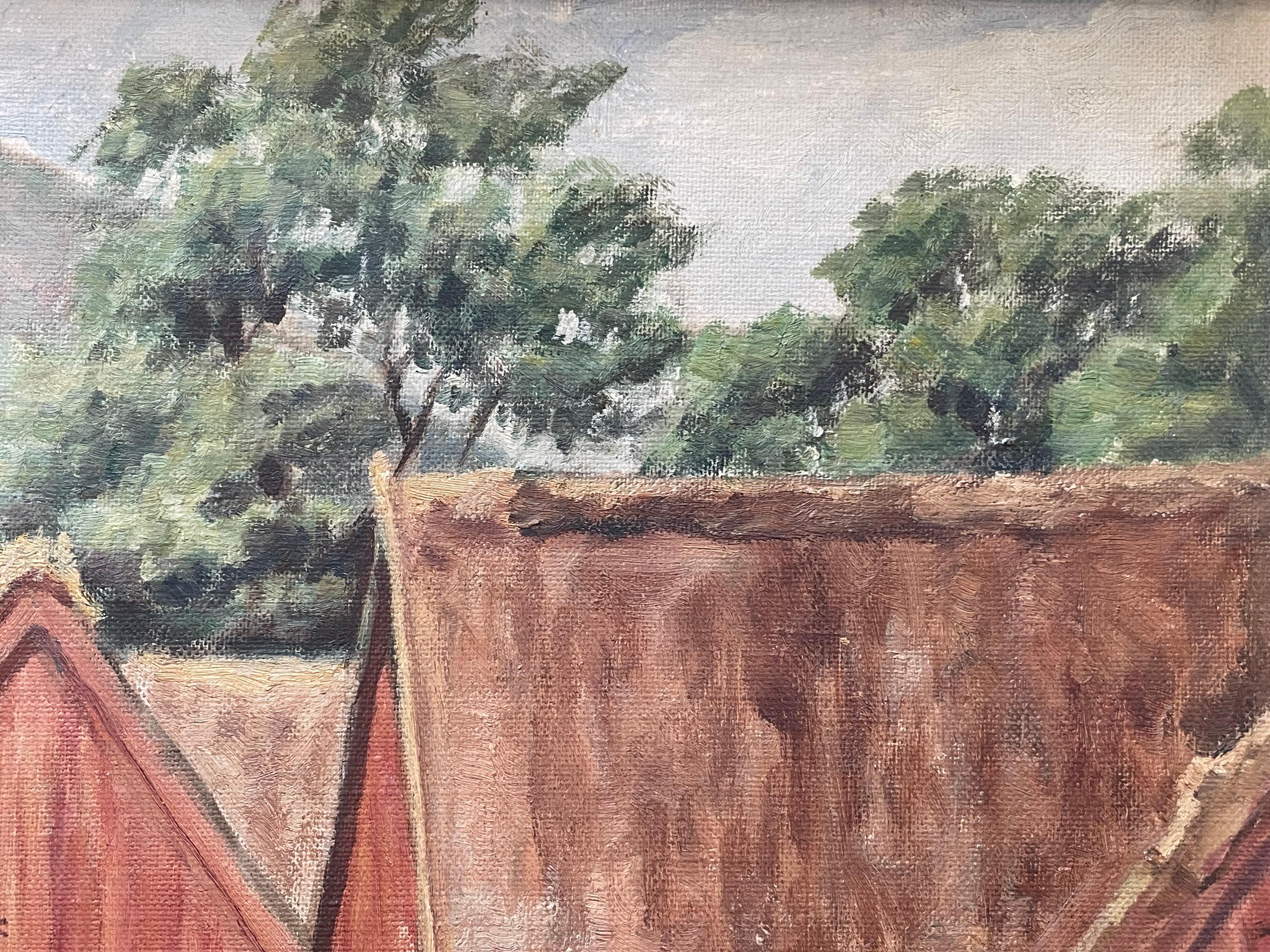 Antiguo óleo danés de principios del siglo XX sobre un paisaje de una pequeña granja Pintado en venta