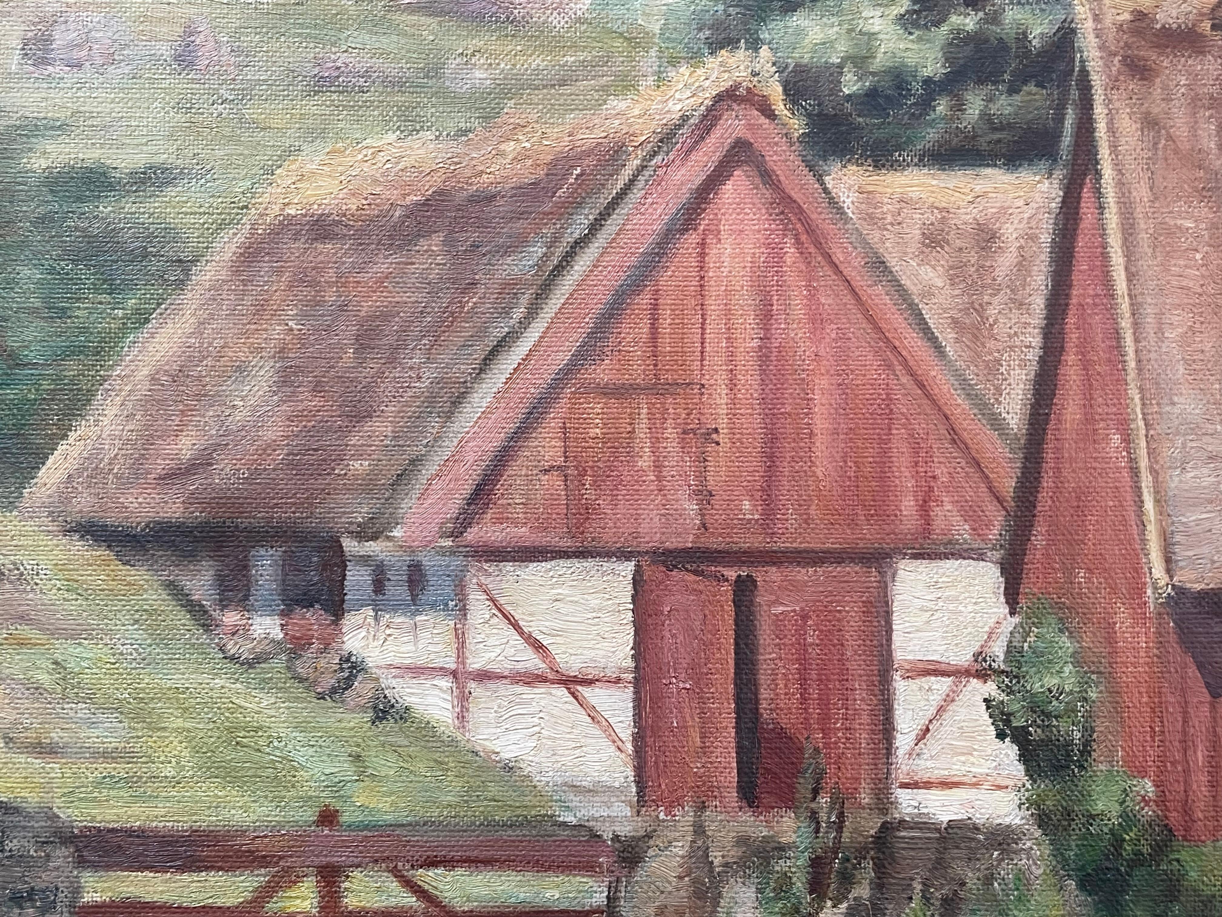 Antiguo óleo danés de principios del siglo XX sobre un paisaje de una pequeña granja en Bueno estado para la venta en Ebberup, DK