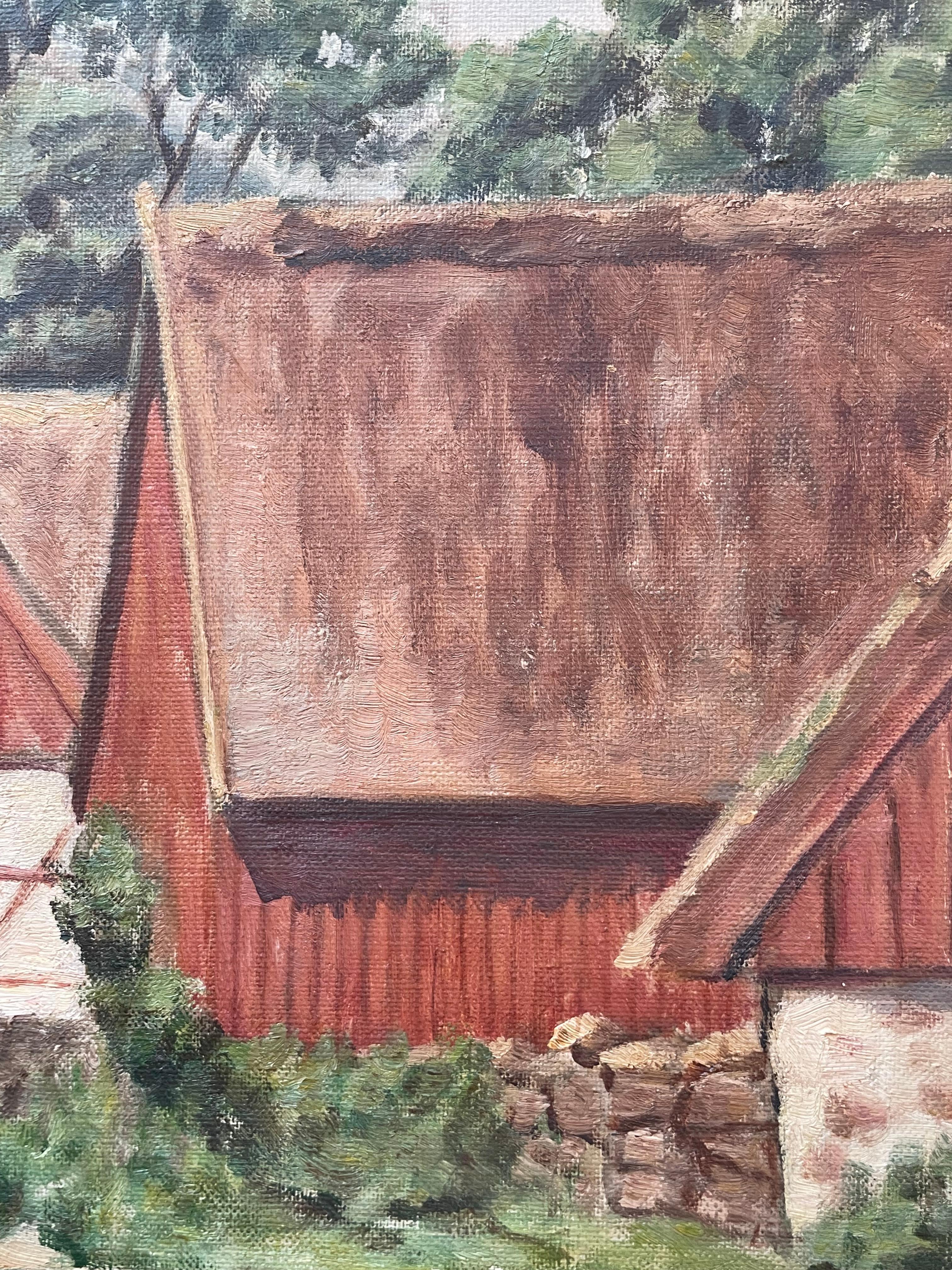 Antiguo óleo danés de principios del siglo XX sobre un paisaje de una pequeña granja Pintura en venta