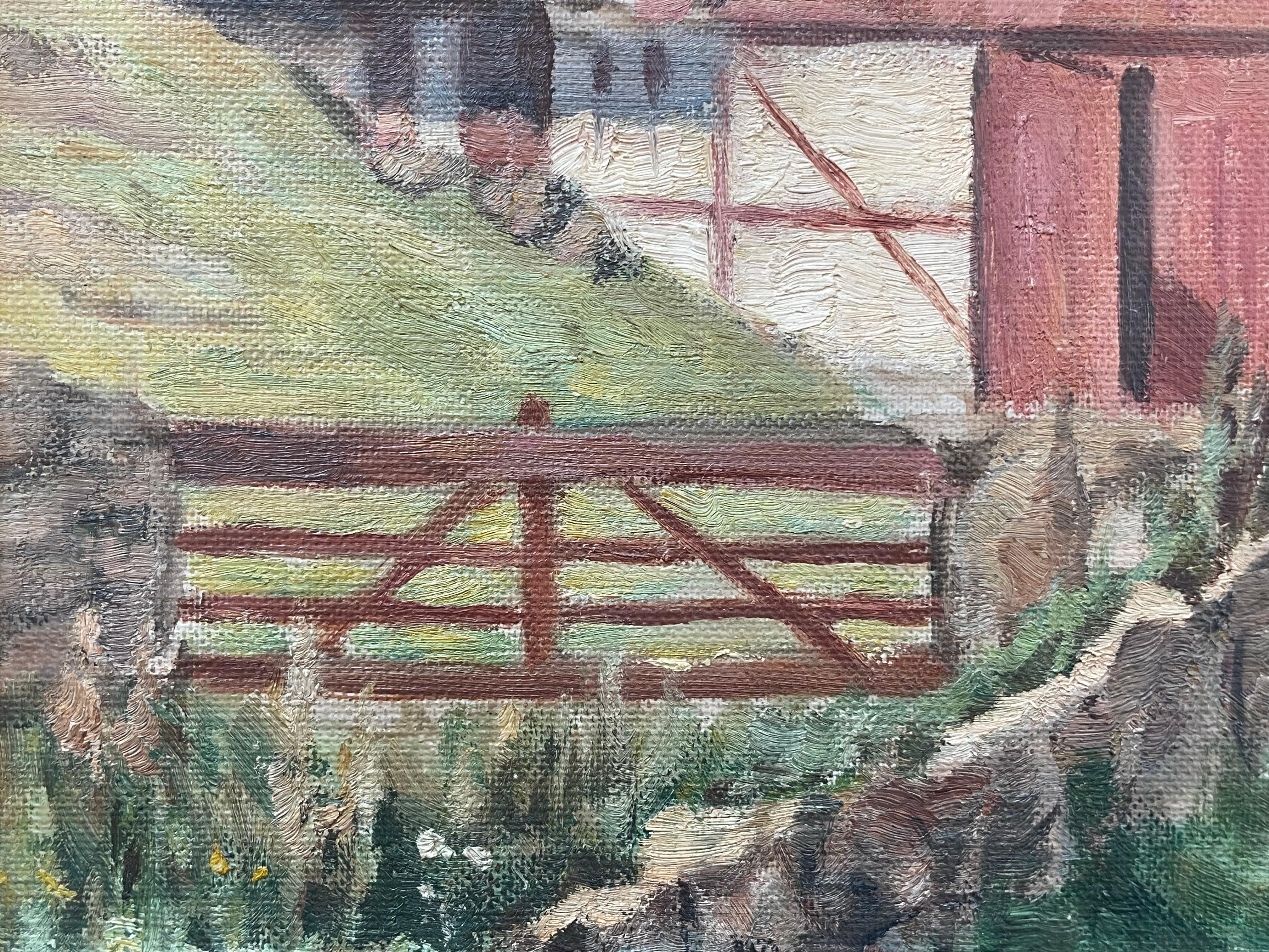 Antiguo óleo danés de principios del siglo XX sobre un paisaje de una pequeña granja en venta 1