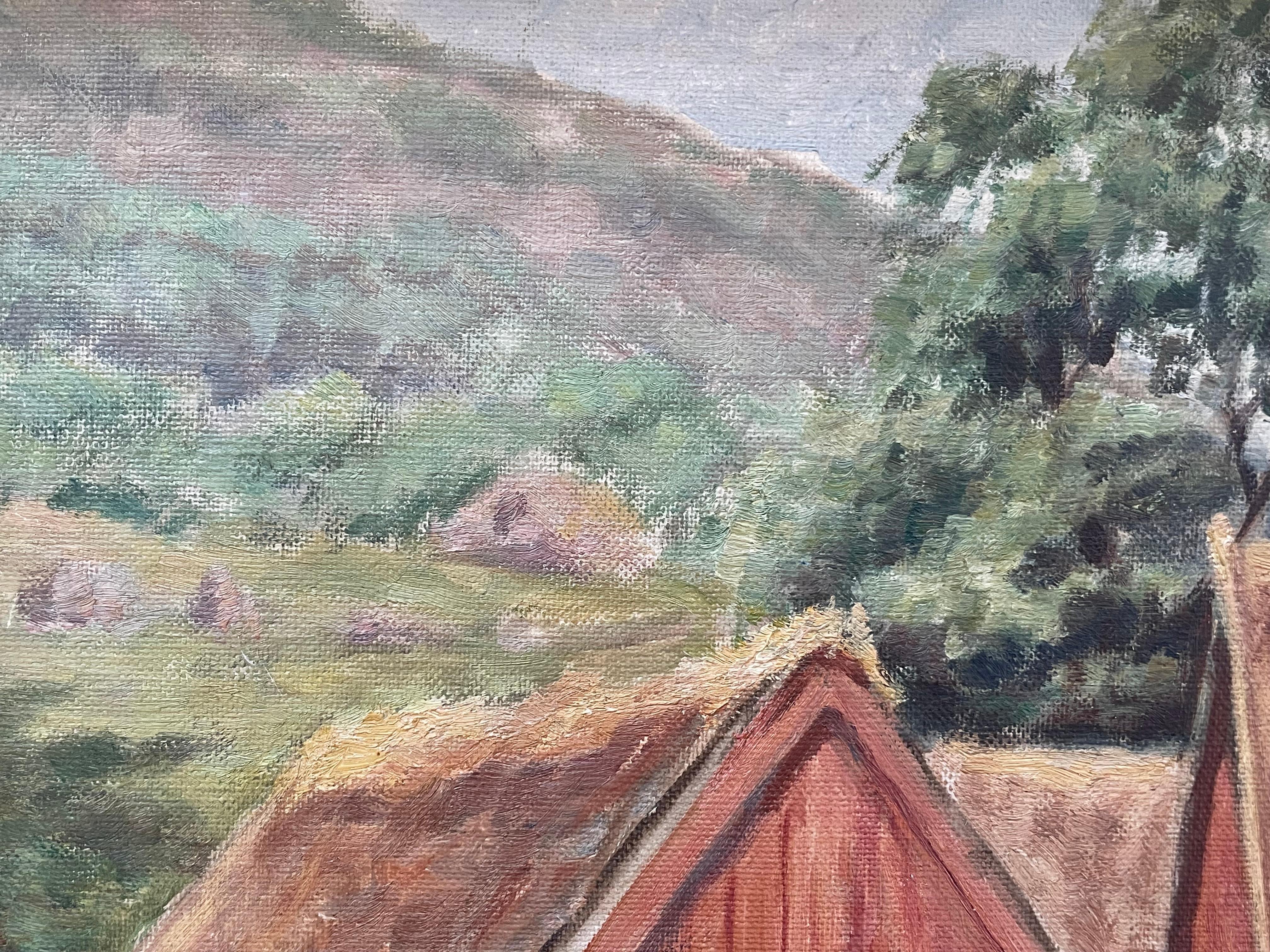 Antiguo óleo danés de principios del siglo XX sobre un paisaje de una pequeña granja en venta 2
