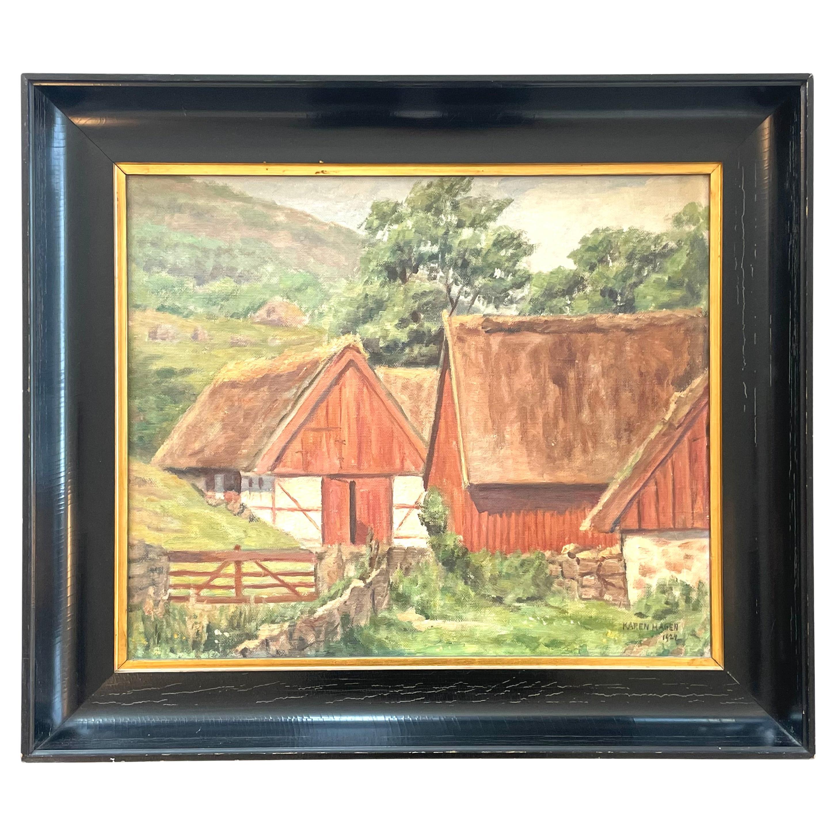 Antique Danish early 20th century landscape oil painting of small farm