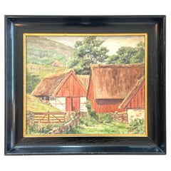 Antique Danish early 20th century landscape oil painting of small farm