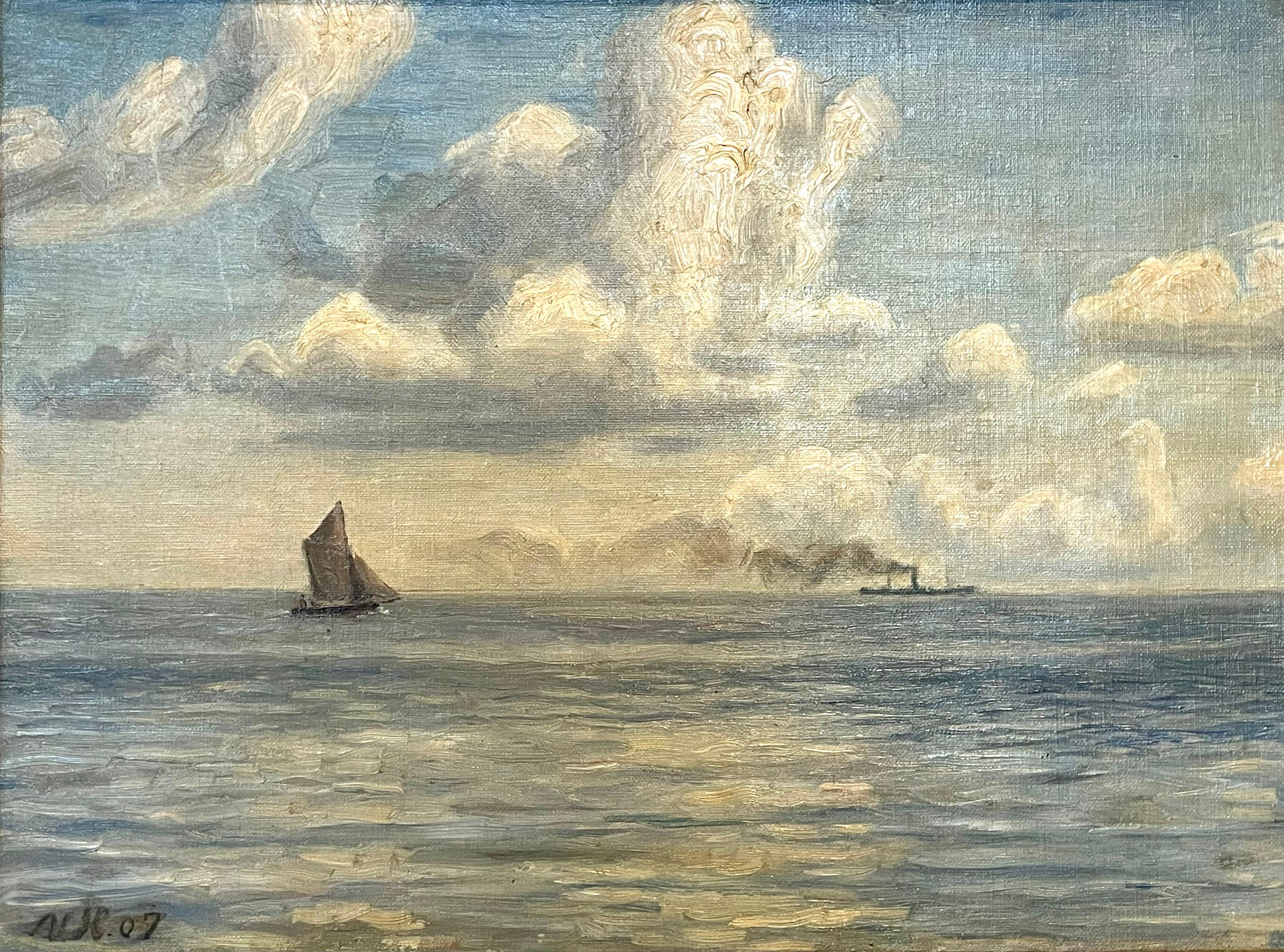 Danish original antique oil on canvas maritime painting from 1907 by artist Viggo Helsted (1861-1926) with motive of sailboat and steamboat on the ocean.

Viggo Helsted was a renowned Danish marine painter from Copenhagen. He was educated at the