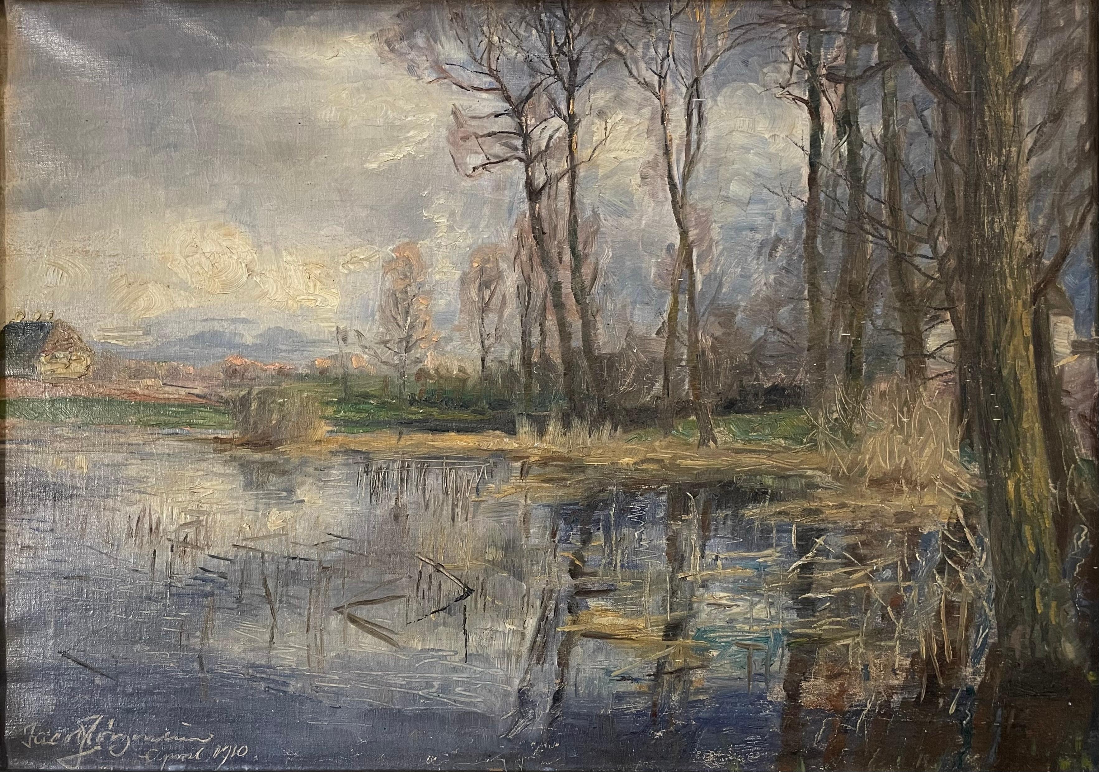 Peinture danoise originale à l'huile sur toile de 1910 attribuée à l'artiste Jacob Jørgensen (1879 - 1948).

L'œuvre d'art représente un lac ou un océan calme avec des arbres nus et deux petites maisons visibles à travers la végétation. La saison