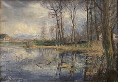 Antique Danish early 20th century oil painting of lake by Jacob Jørgensen