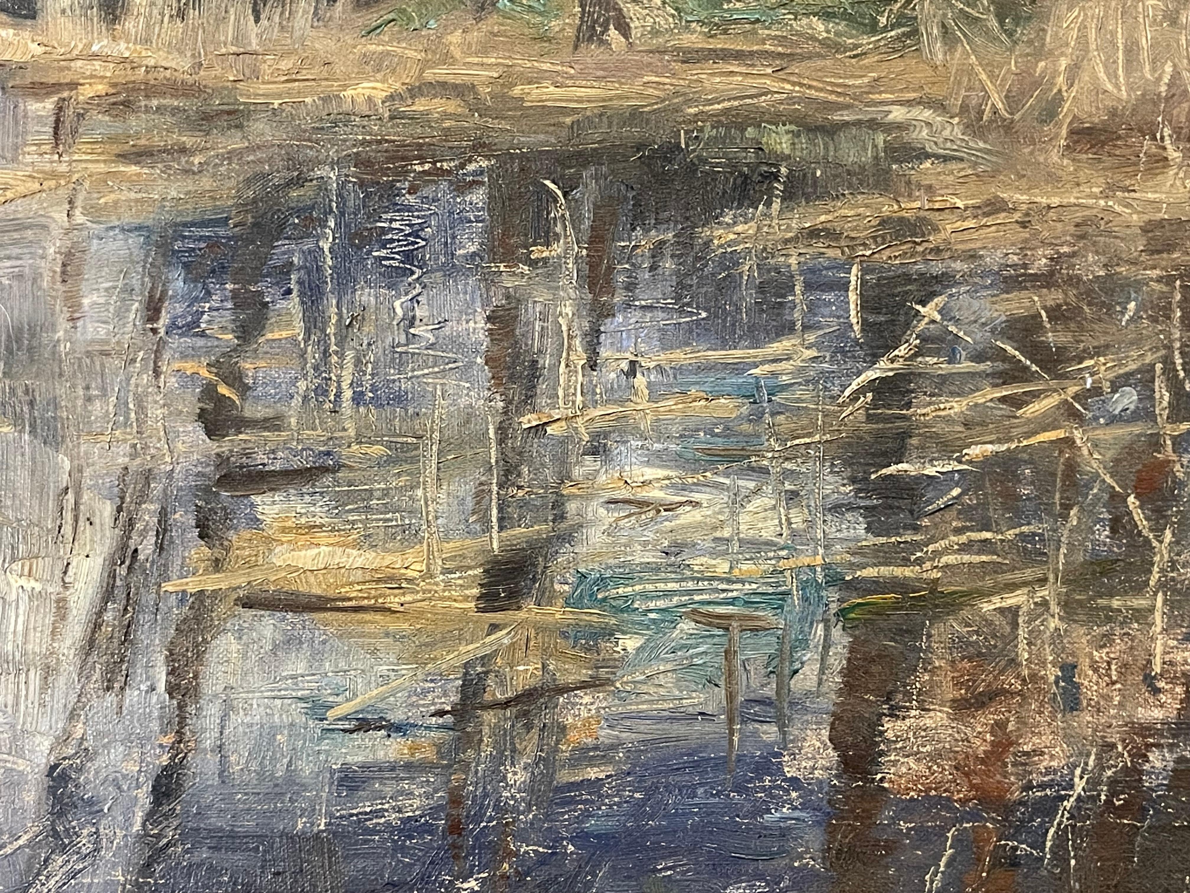 20ième siècle Ancienne peinture à l'huile danoise du début du 20e siècle représentant un lac par Jacob Jørgensen en vente