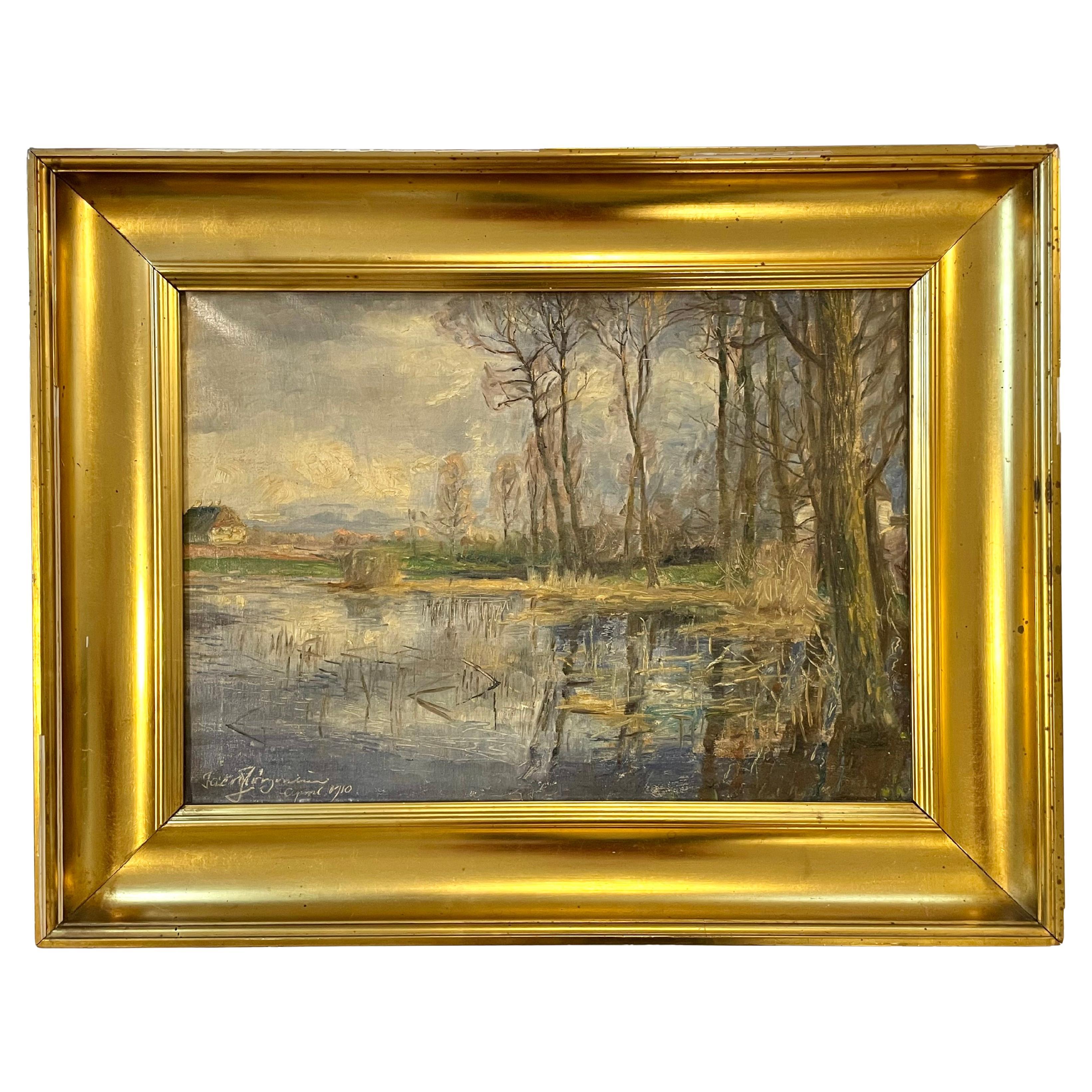 Antikes dänisches Ölgemälde eines Sees aus dem frühen 20. Jahrhundert von Jacob Jørgensen