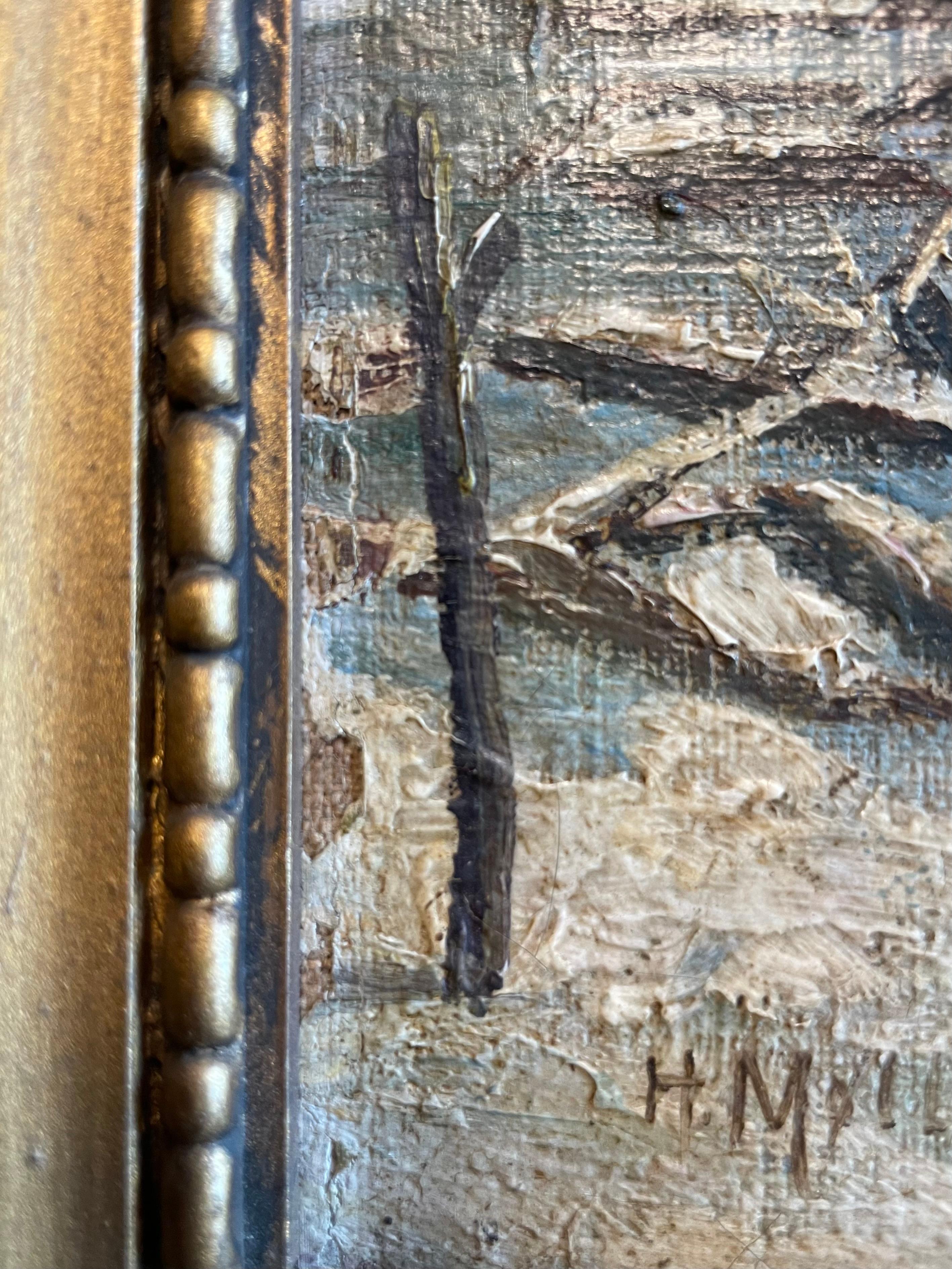 Ancienne peinture à l'huile danoise du début du 20e siècle représentant un paysage d'hiver par H. Møller en vente 4