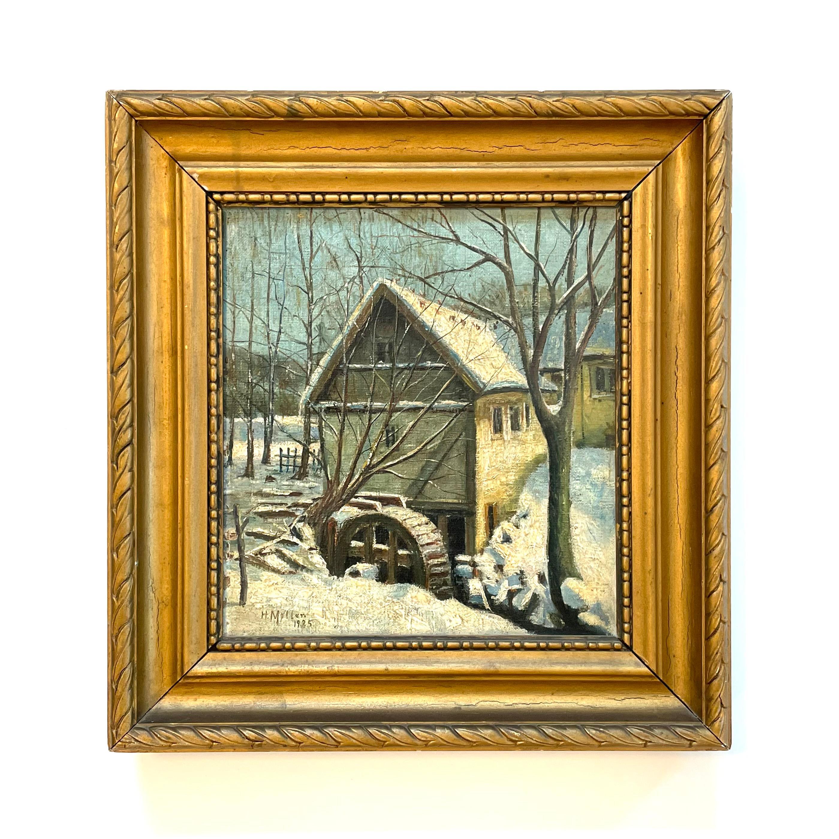 Peinture originale danoise ancienne de paysage à l'huile sur toile datant de 1925, réalisée par l'artiste H. Møller. 

Le motif est un moulin à eau dans un décor hivernal avec de la neige et des arbres dénudés. Le style de peinture est détaillé et