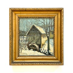 Antique Danish early 20th century winter landscape oil painting by H. Møller