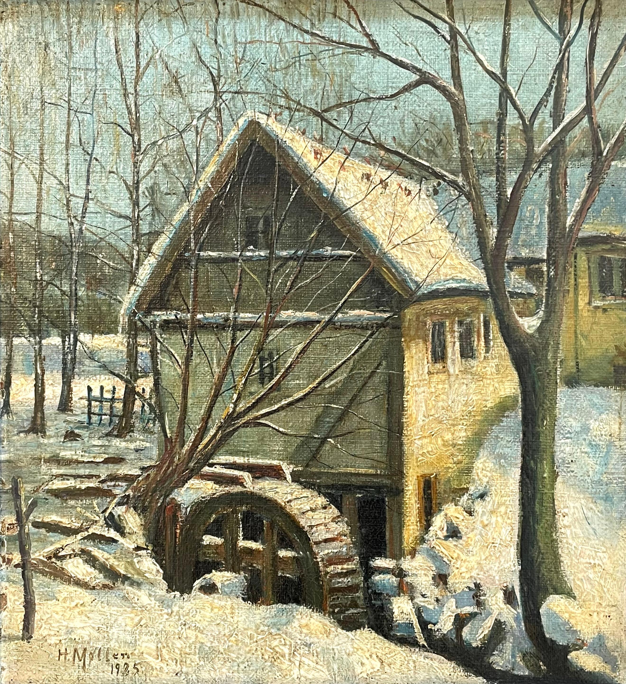Art déco Ancienne peinture à l'huile danoise du début du 20e siècle représentant un paysage d'hiver par H. Møller en vente