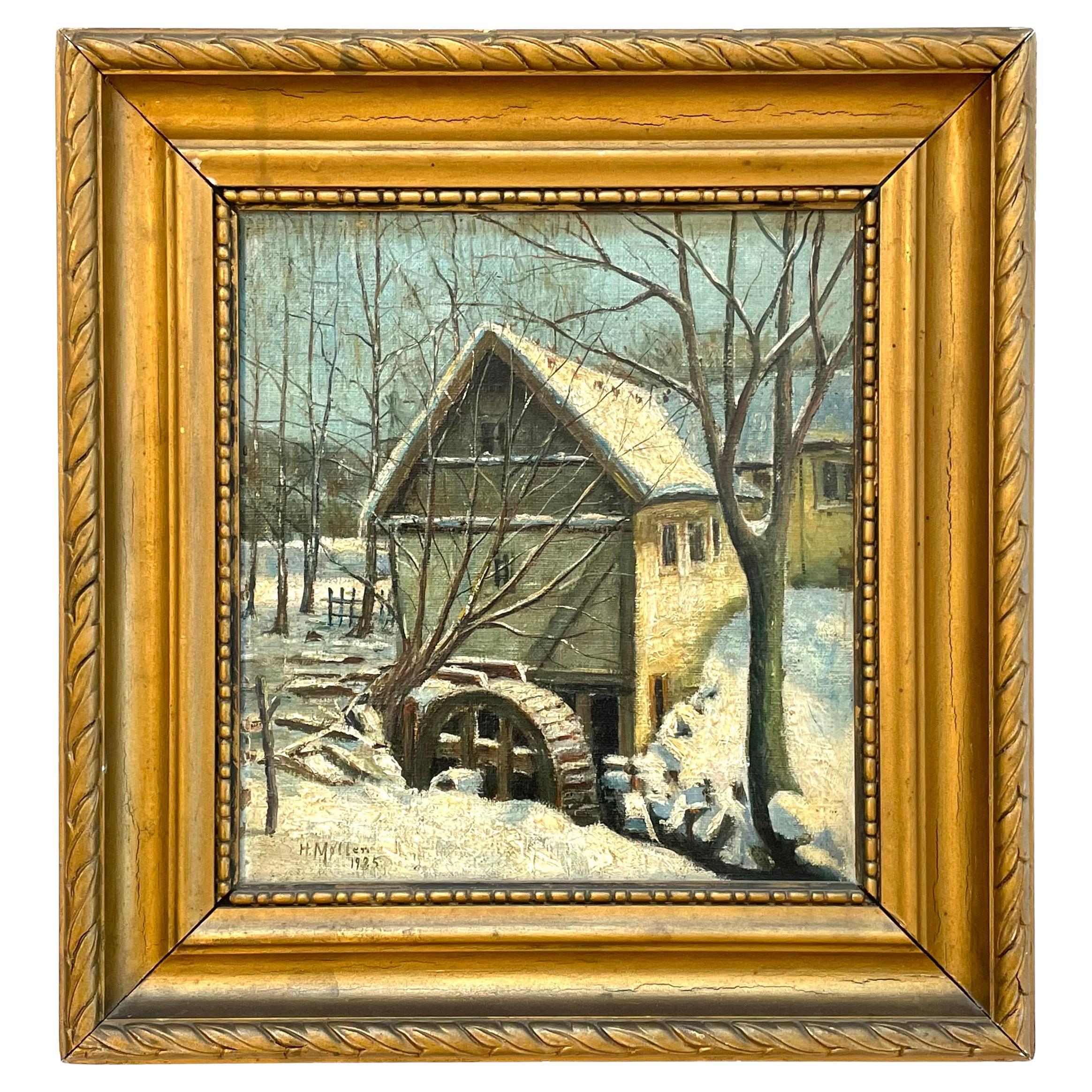 Antique Danish early 20th century winter landscape oil painting by H. Møller