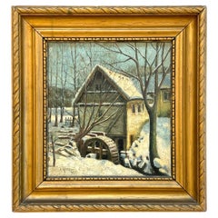 Antique Danish early 20th century winter landscape oil painting by H. Møller