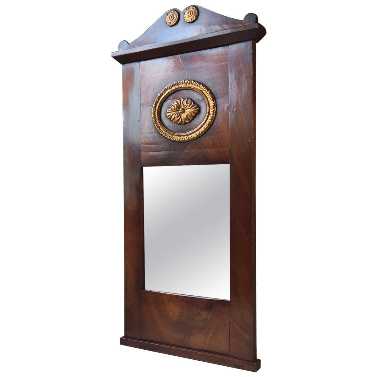 Antique mur en acajou de style Empire danois, miroir de pilier, années 1820