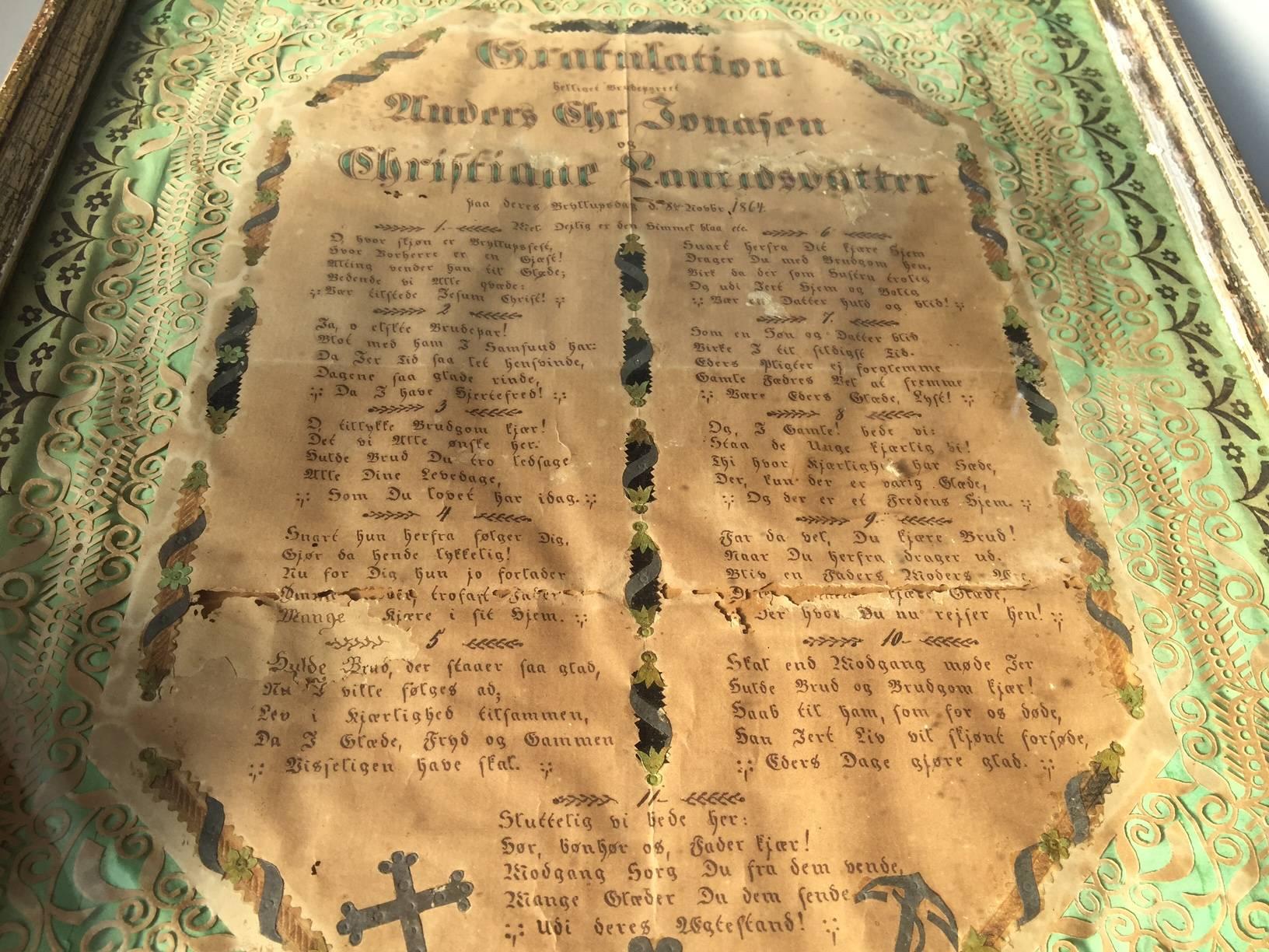 Some 150 years ago this Volk Art Work was presented as a gift to a wedding. It is called a declaration of love or a Honorable Gratulation attesting two people bonded in marriage. A lot of precise handwork went into this piece that still has its