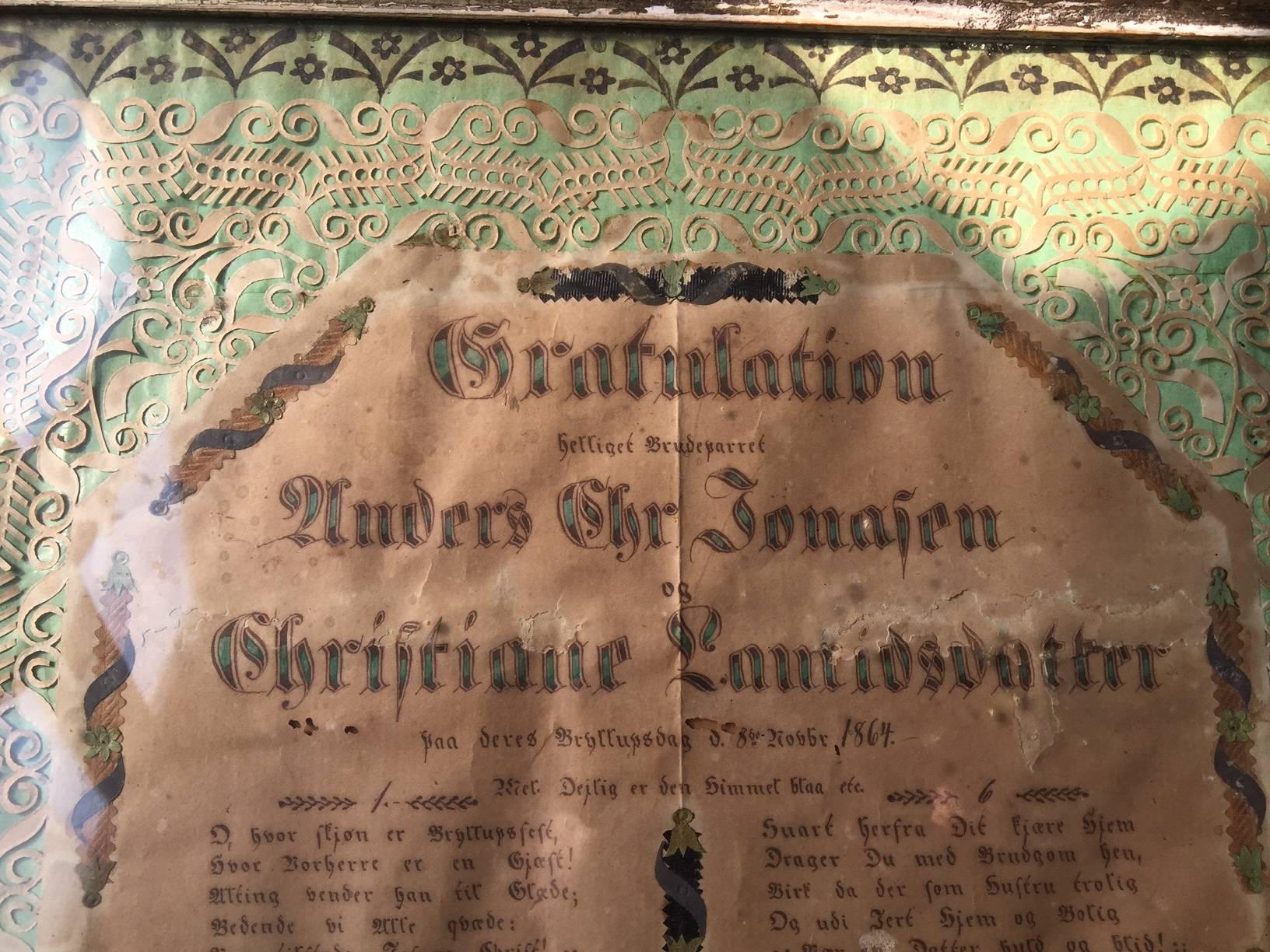 Antike dänische Volkskunst-Hochzeitsfeier-Deklaration im Originalrahmen, 1864 im Zustand „Relativ gut“ im Angebot in Esbjerg, DK