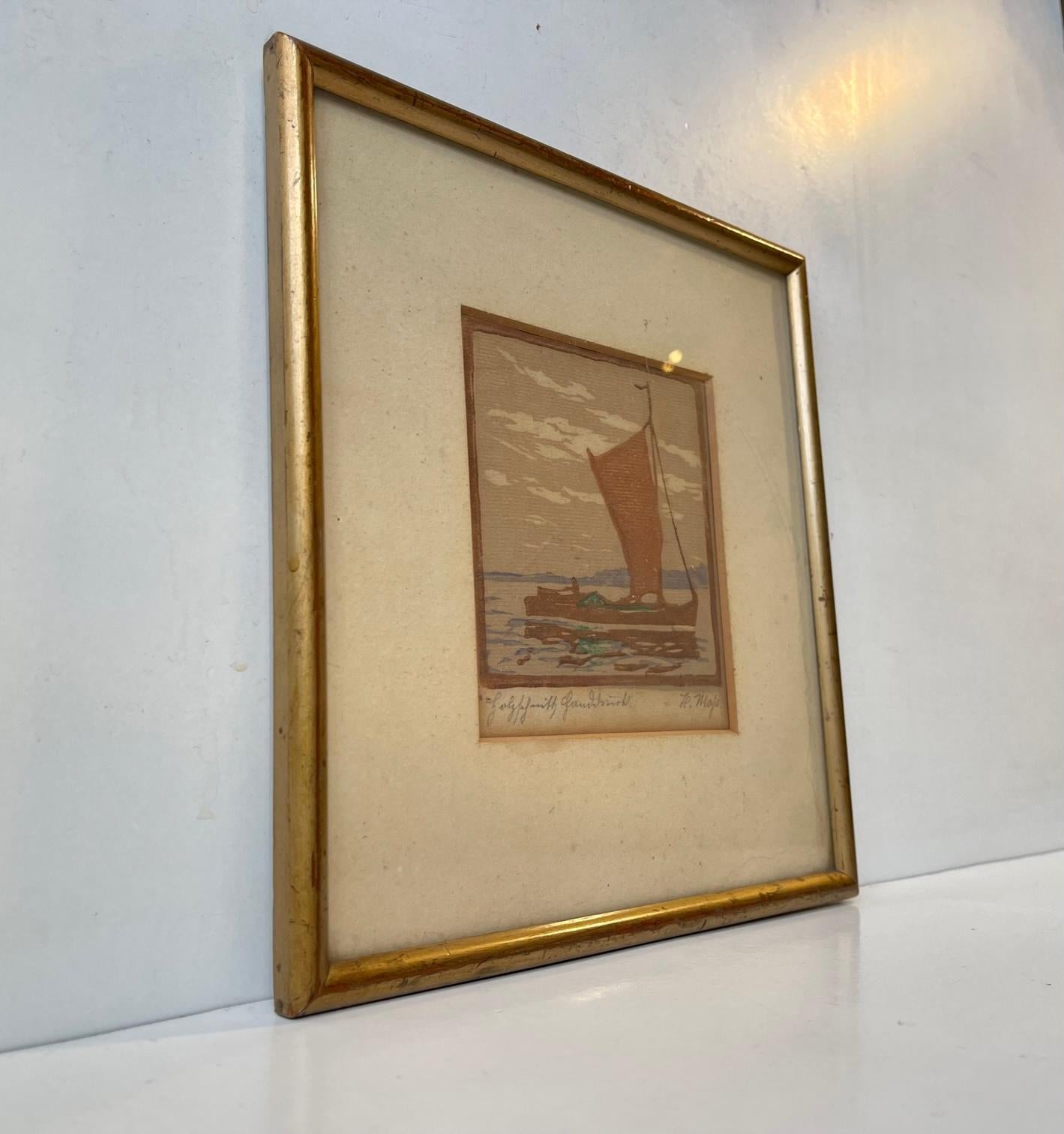 Small and 'quick' motif of a sailboat. Painted with pastel watercolors on fabric/textile. Signed and titled by unidentified Danish artist. The partial paper mark to its back indicates that it has been exhibited. The motif measures 11x10 cm with