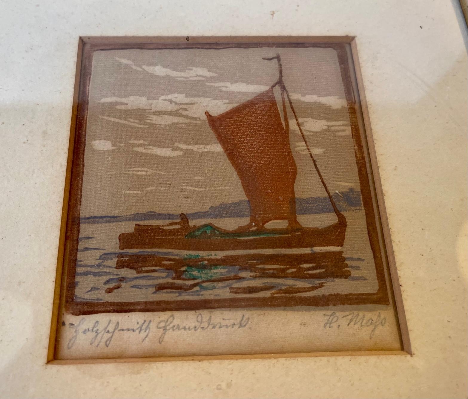 Art Deco Antique Danish Framed Miniature Watercolor of Sail Boat, Signed