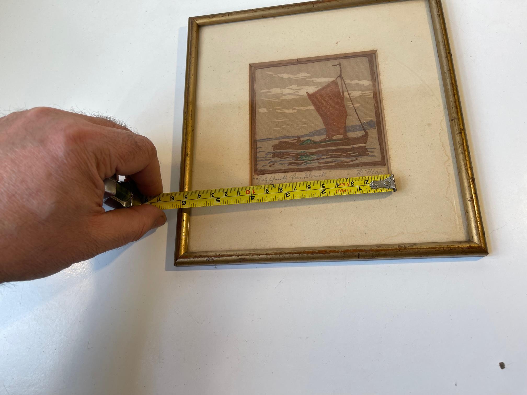 Early 20th Century Antique Danish Framed Miniature Watercolor of Sail Boat, Signed