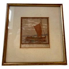Antique Danish Framed Miniature Watercolor of Sail Boat, Signed